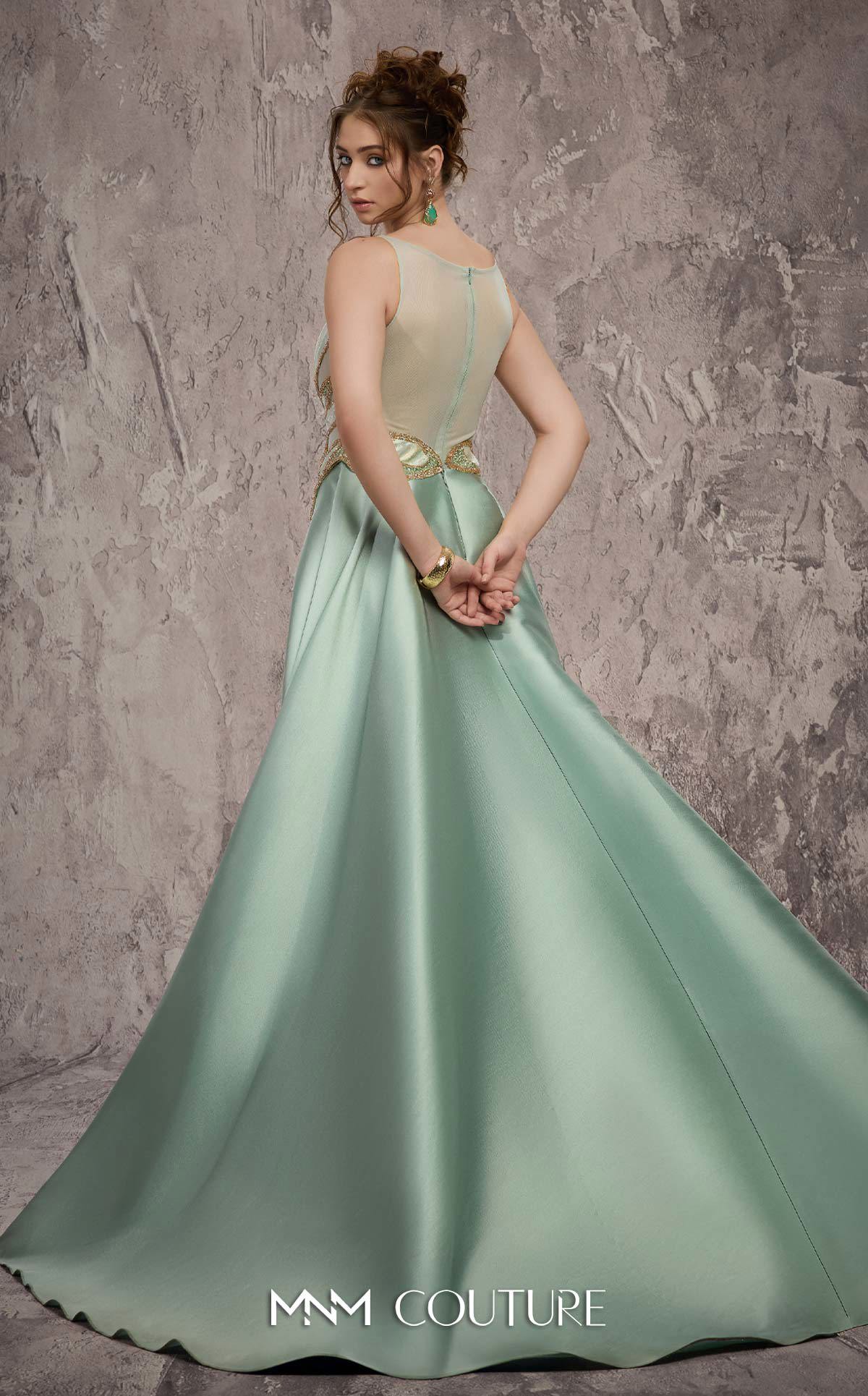 Illusion Sleeveless Beaded Evening Gown by MNM Couture J03503 in Mint