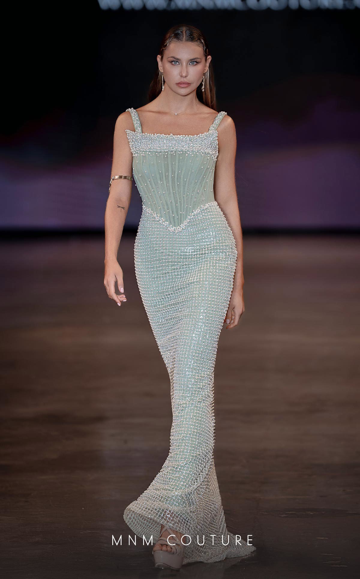 Straight Neckline Long Beaded Evening Gown by MNM Couture J03553 in Mint