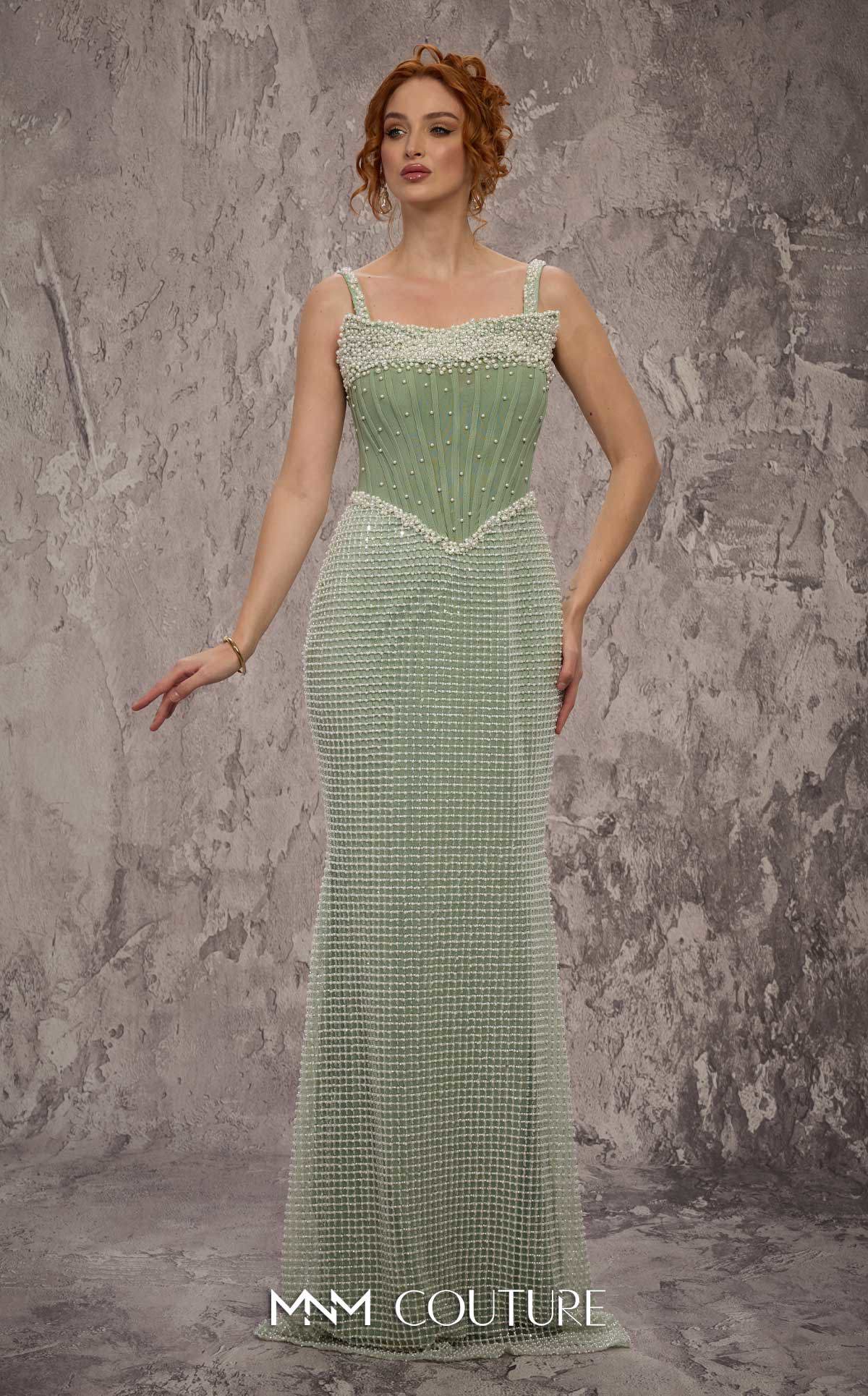 Straight Neckline Long Beaded Evening Gown by MNM Couture J03553 in Mint