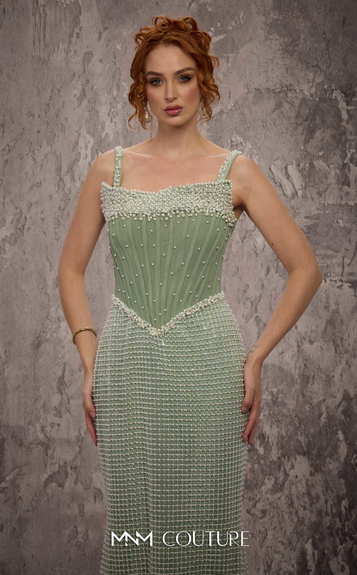 Straight Neckline Long Beaded Evening Gown by MNM Couture J03553 in Mint
