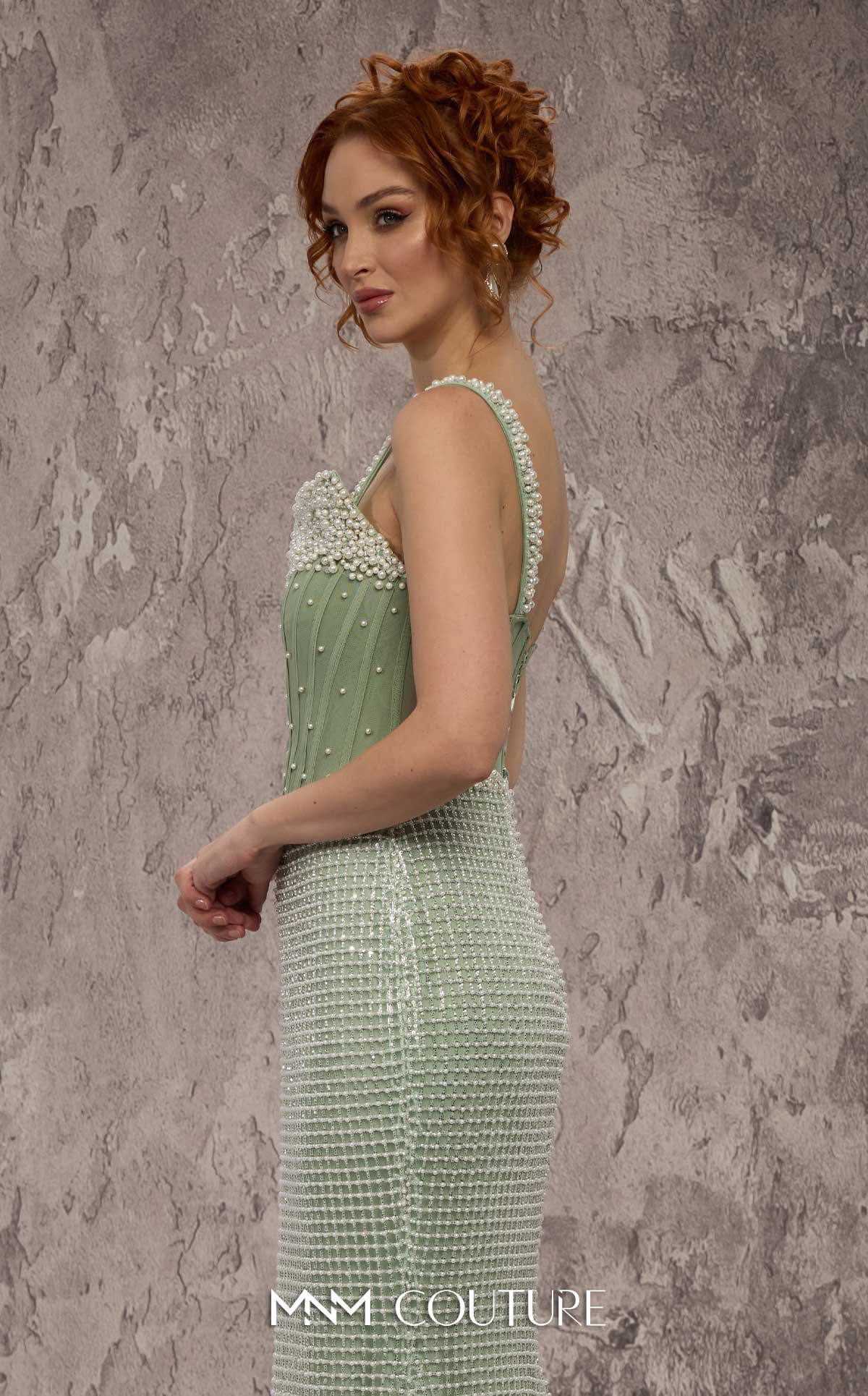 Straight Neckline Long Beaded Evening Gown by MNM Couture J03553 in Mint