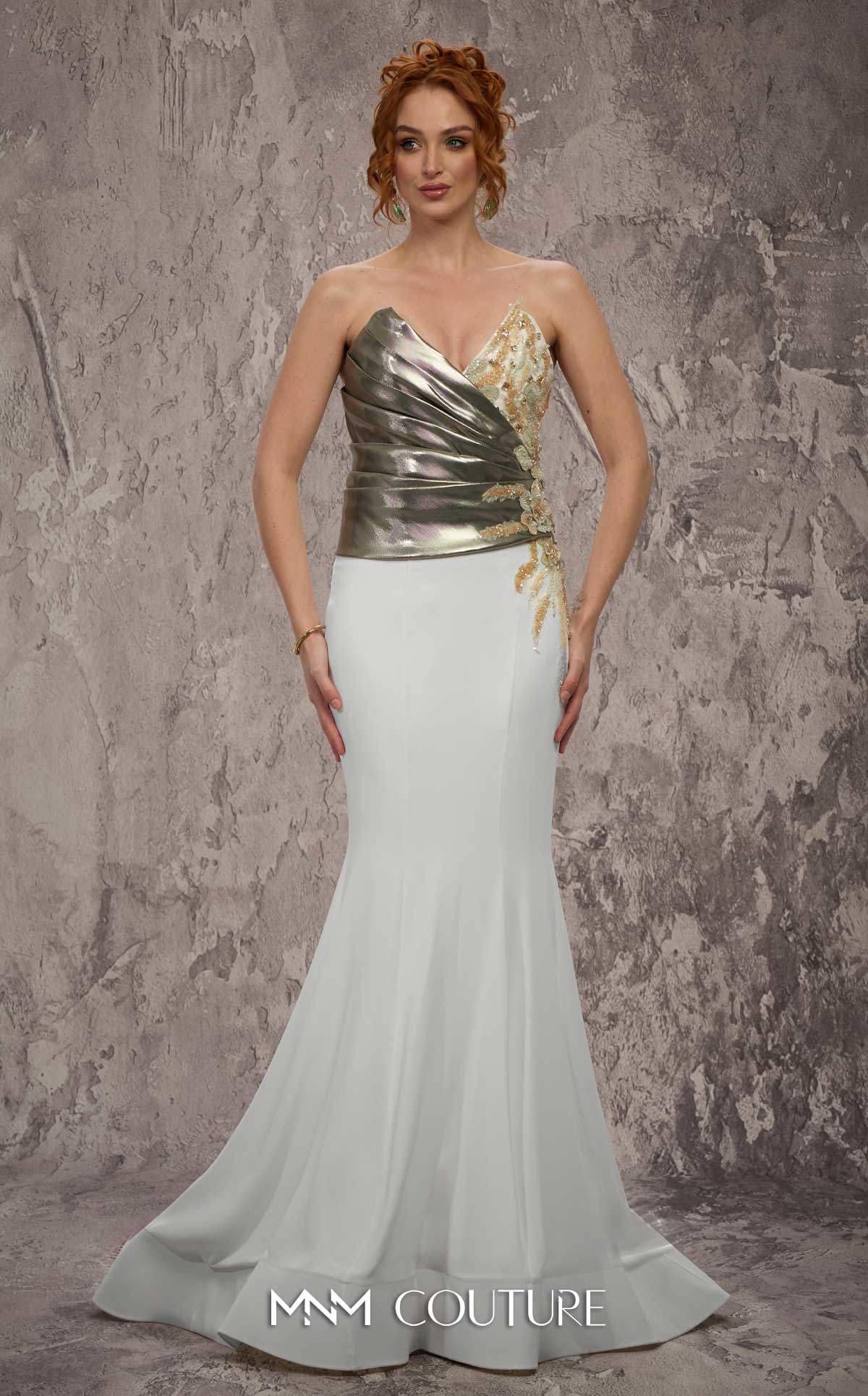 Strapless Mermaid Metallic Evening Gown by MNM Couture J03554 in Grey