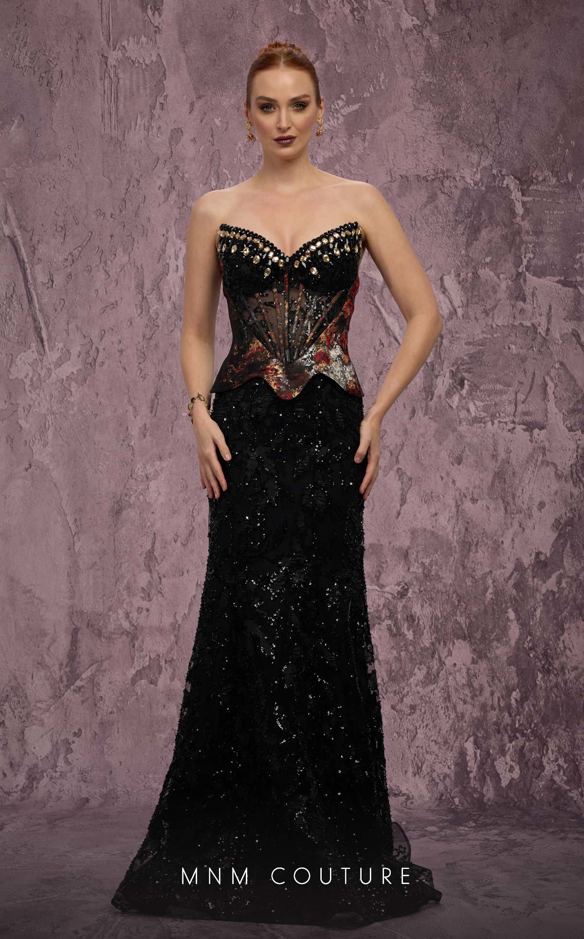 Strapless Long Sequin Evening Gown by MNM Couture J03569 in Black