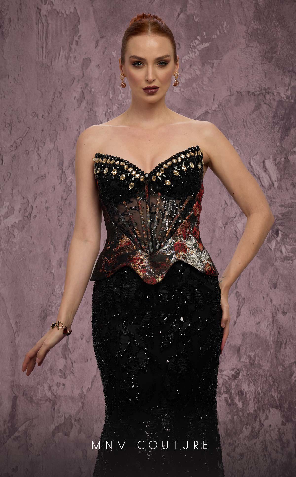 Strapless Long Sequin Evening Gown by MNM Couture J03569 in Black