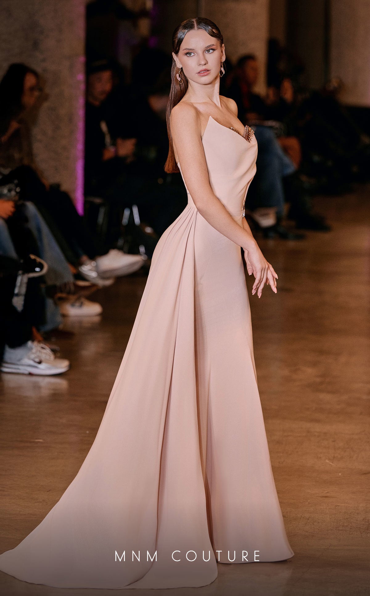 Strapless Long Crepe Evening Gown by MNM Couture J03584 in Salmon