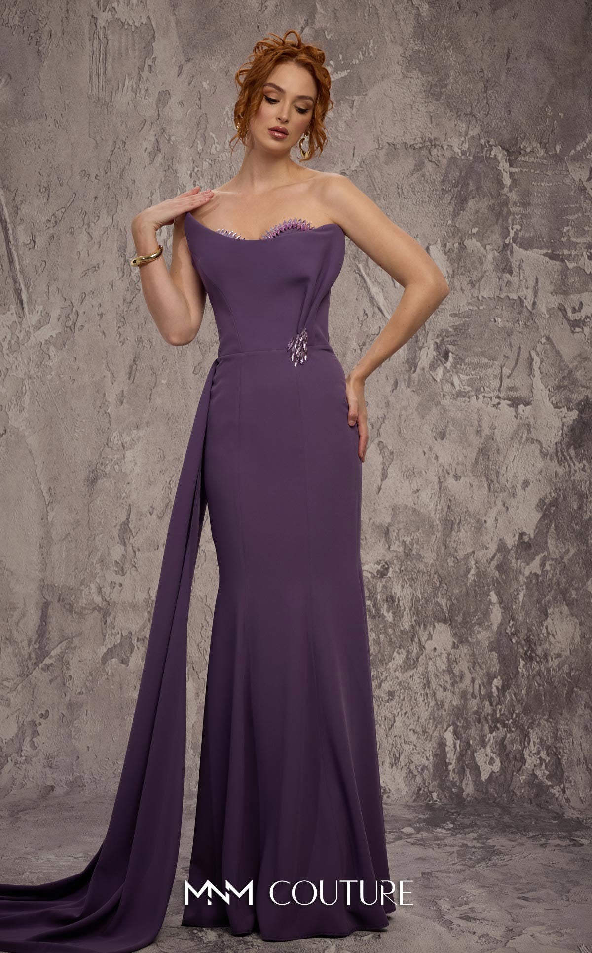 Strapless Long Crepe Evening Gown by MNM Couture J03584 in Purple