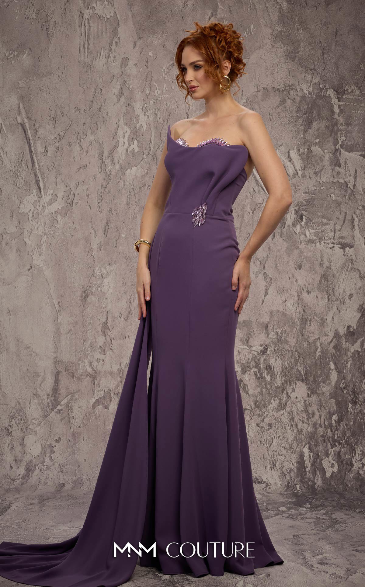 Strapless Long Crepe Evening Gown by MNM Couture J03584 in Purple