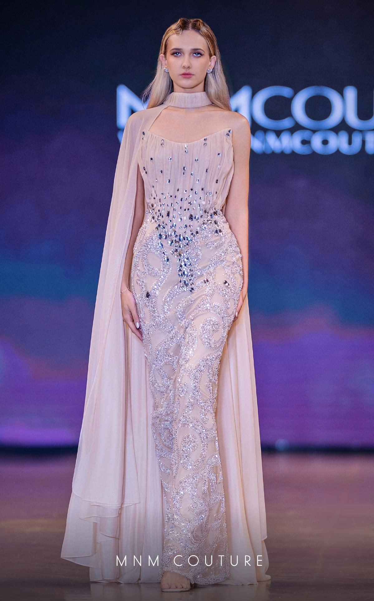 High Neck Sleeveless Beaded Evening Gown by MNM Couture J03590 in Gold