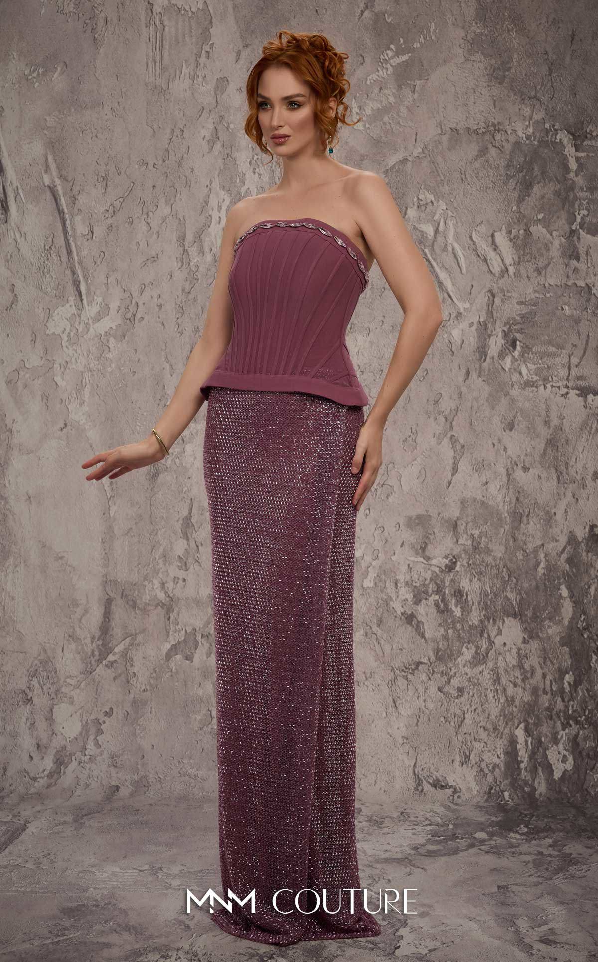 Strapless Long Beaded Prom Dress by MNM Couture J03595 in Purple