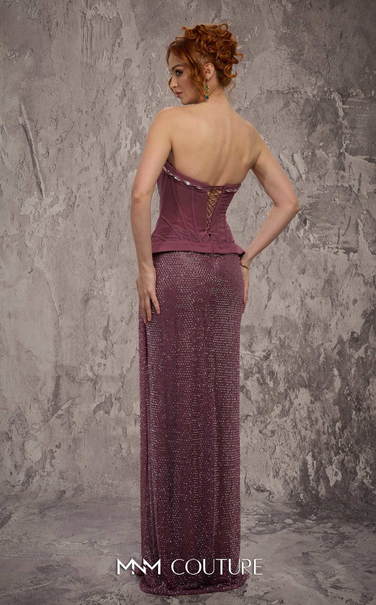 Strapless Long Beaded Prom Dress by MNM Couture J03595 in Purple