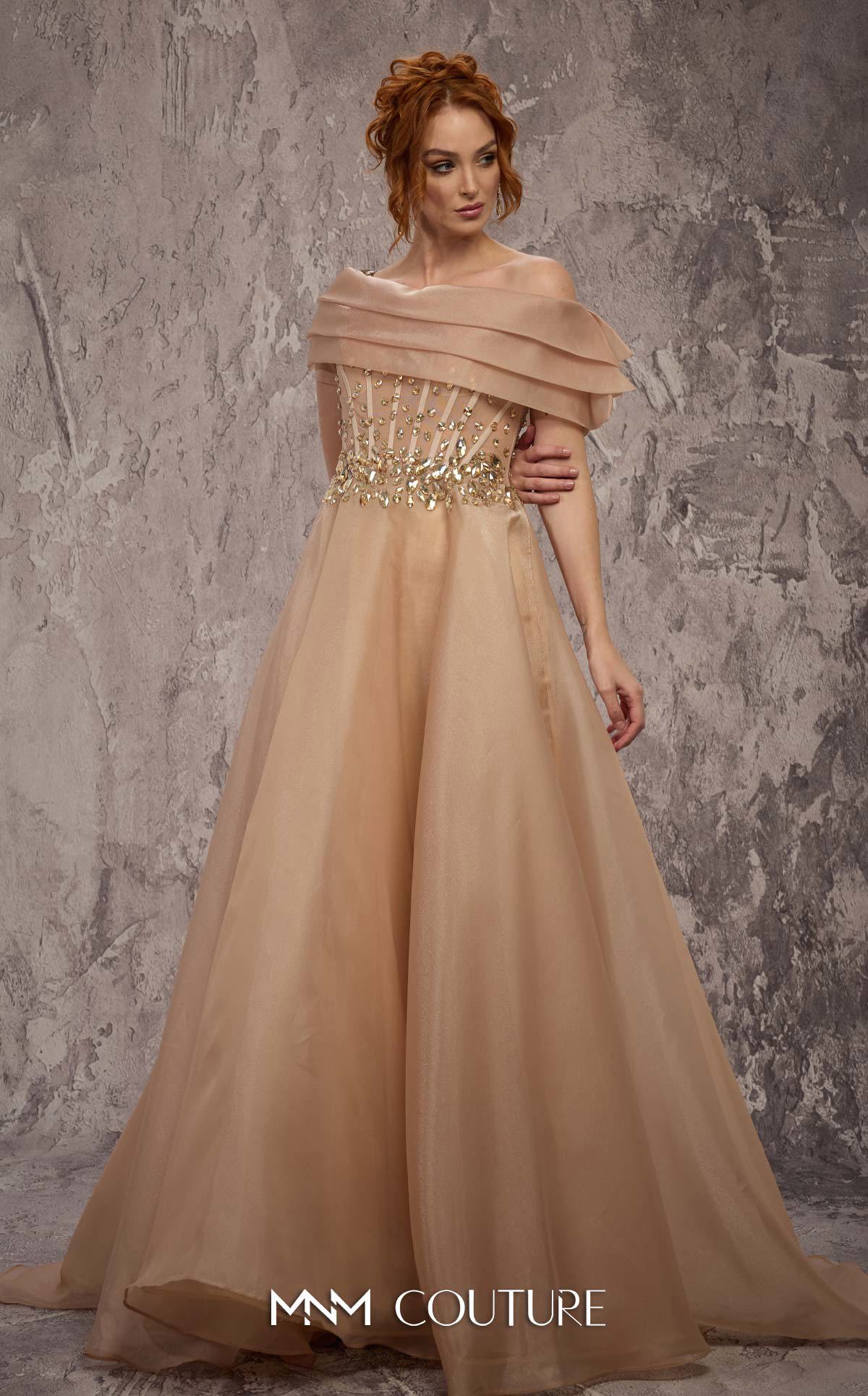 Off-Shoulder A-Line Tulle Evening Gown by MNM Couture J03599 in Beige