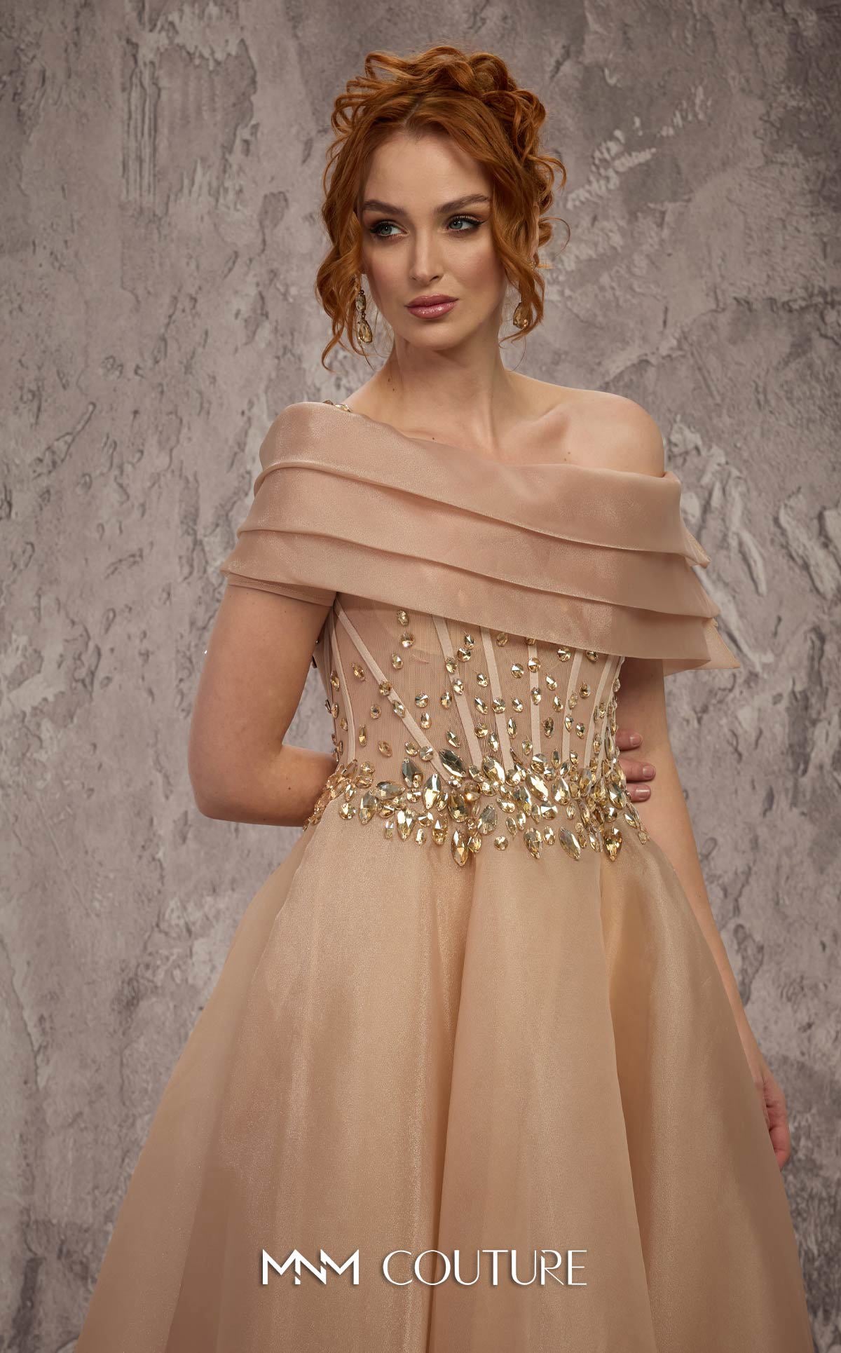 Off-Shoulder A-Line Tulle Evening Gown by MNM Couture J03599 in Beige
