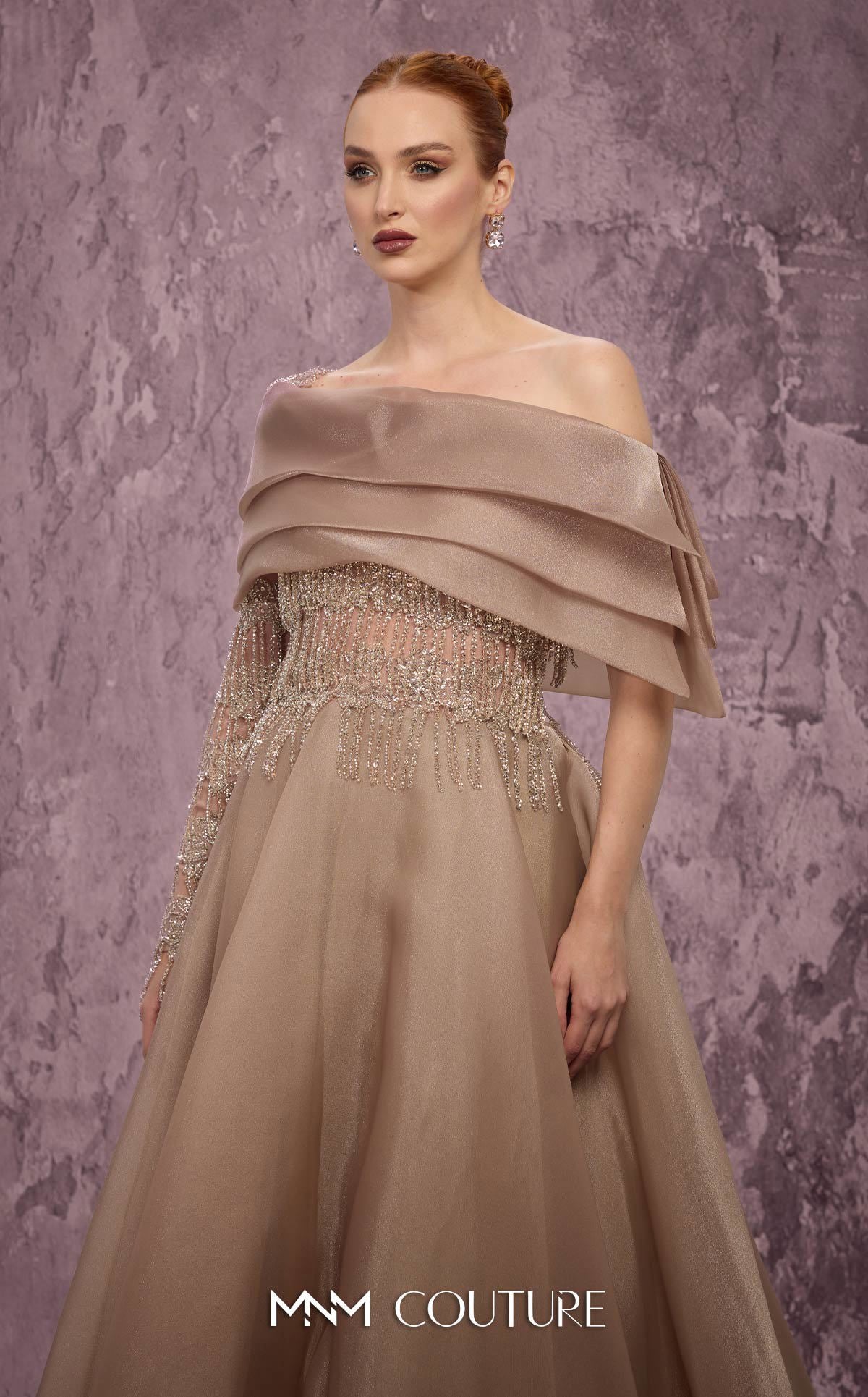 Off-Shoulder A-Line Tulle Evening Gown by MNM Couture J03599 in Beige