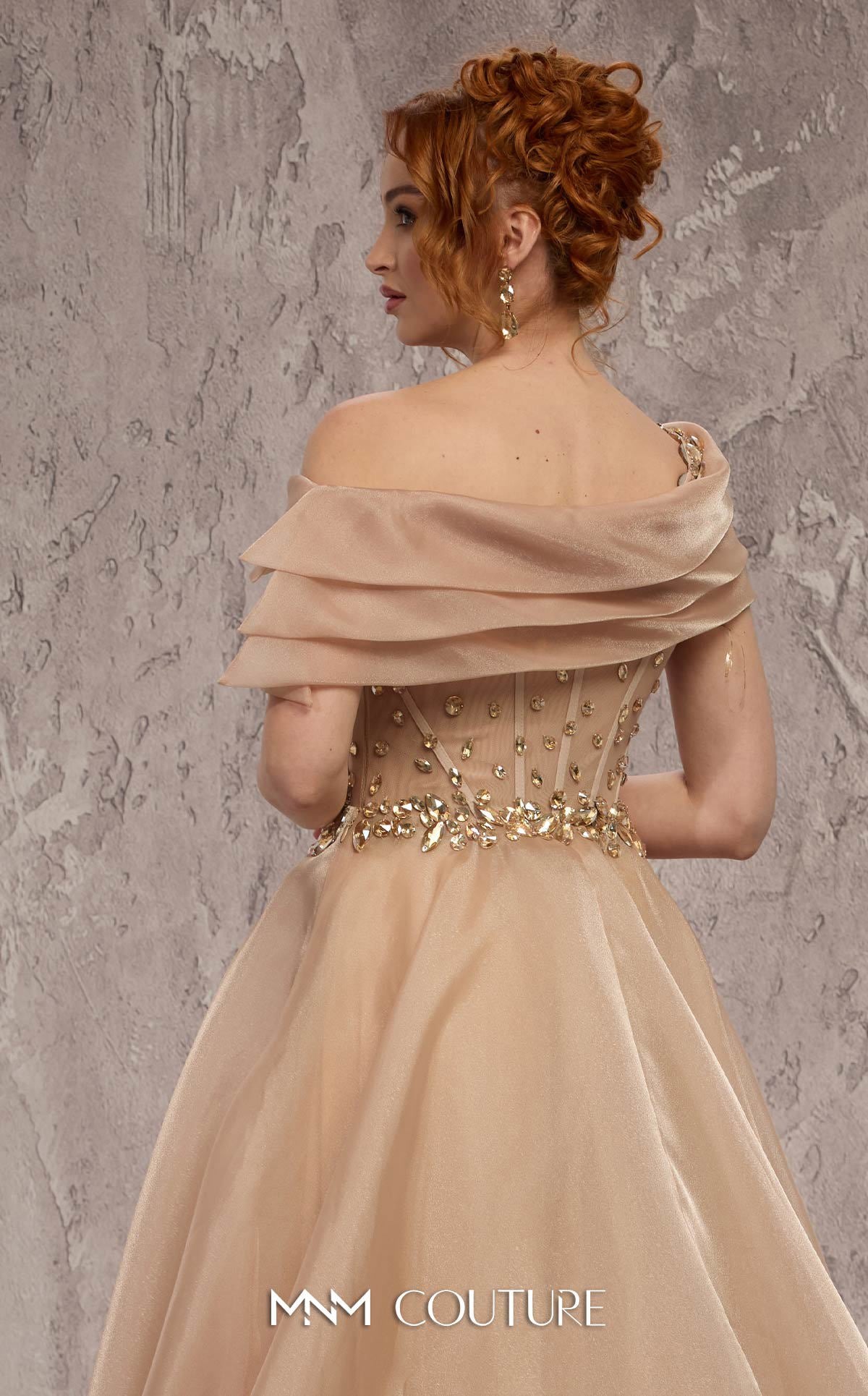 Off-Shoulder A-Line Tulle Evening Gown by MNM Couture J03599 in Beige