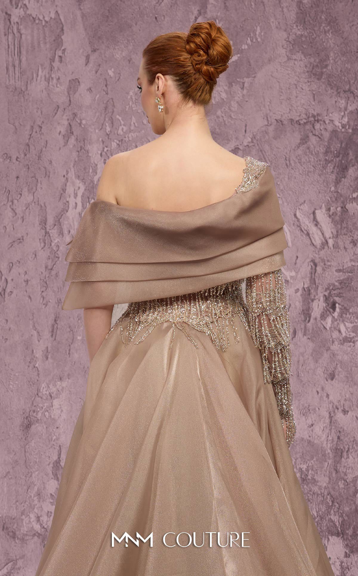 Off-Shoulder A-Line Tulle Evening Gown by MNM Couture J03599 in Beige
