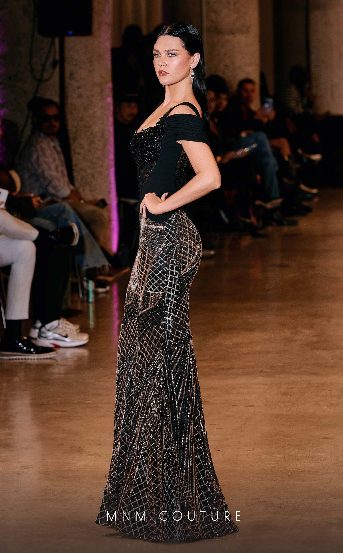 Off-Shoulder Beaded Gown by MNM Couture J03603 in Gold