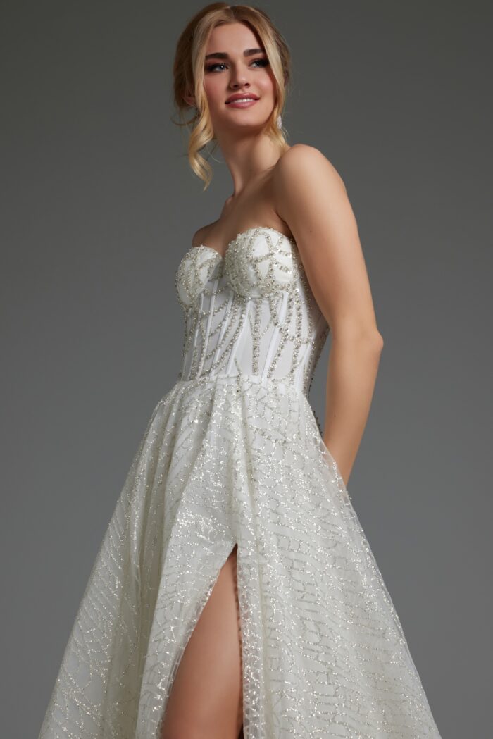 Wedding Dresses A Line Long Slit Beaded Wedding Dress Ivory/Silver