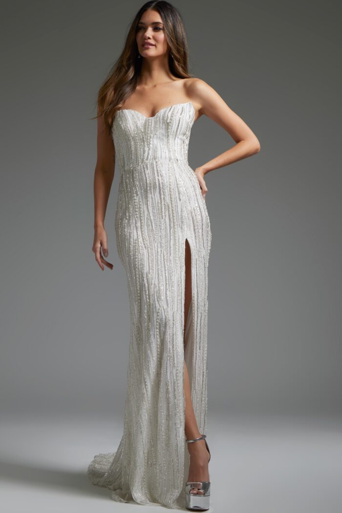 Wedding Dresses Beaded Bridal Gown Mermaid High Slit Wedding Dress Off-White