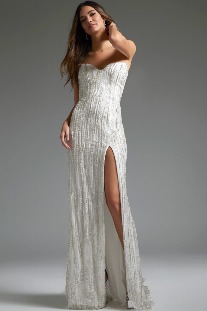 Wedding Dresses Beaded Bridal Gown Mermaid High Slit Wedding Dress Off-White