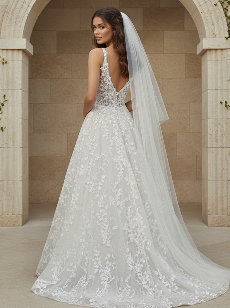 V-Neck Floor-Length Tulle Wedding A-Line Bridal Gown Jovani JB42323