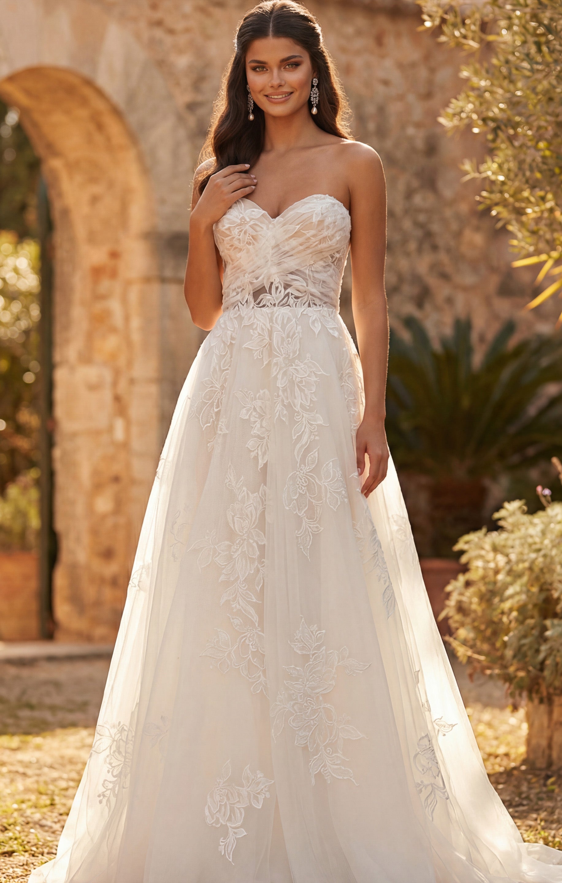 Ivory/Nude Deep V-Neck Floor-Length Tulle Bridal A-Line Gown with Floral Appliqué Jovani JB43191