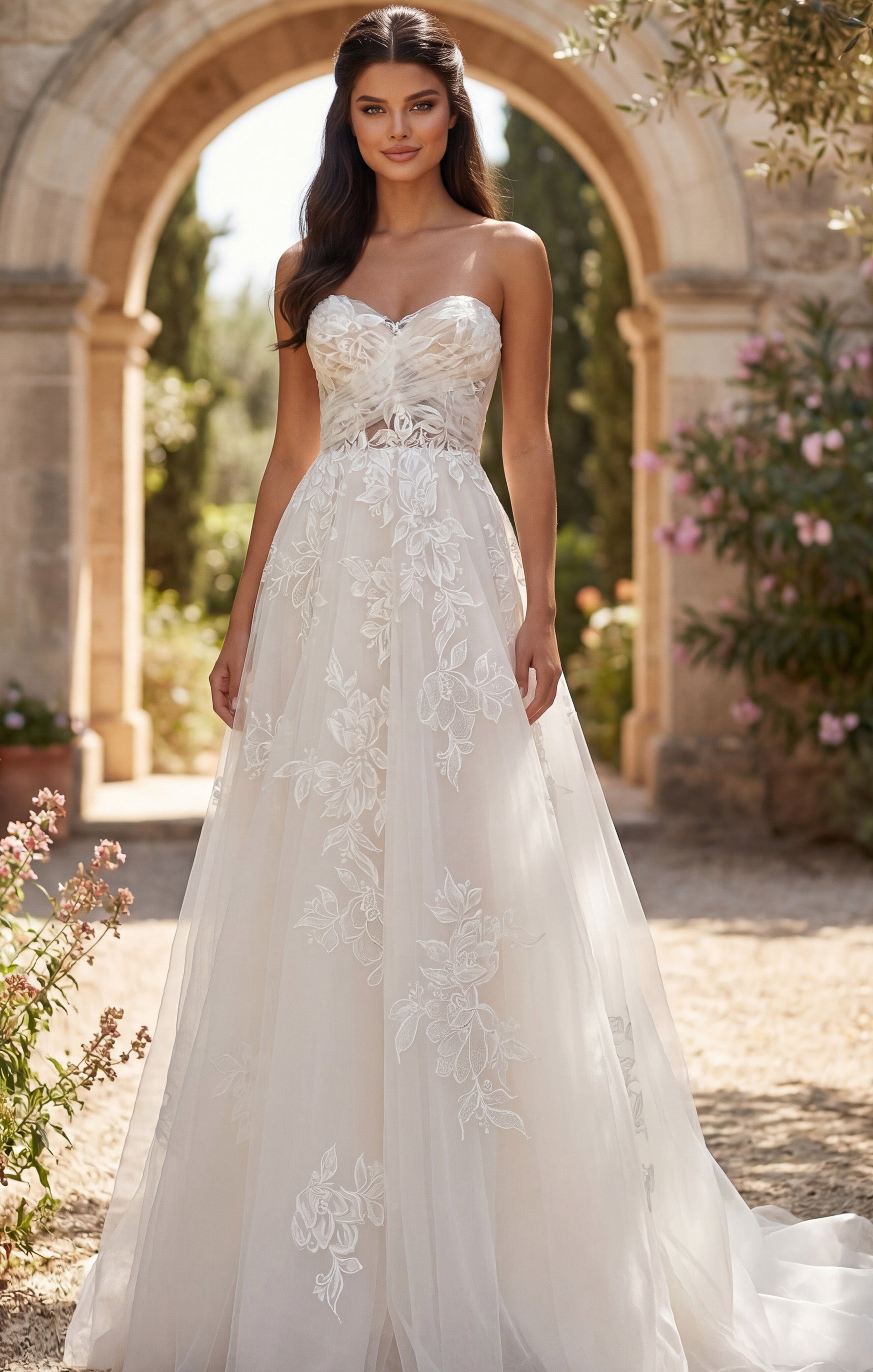 Ivory/Nude Deep V-Neck Floor-Length Tulle Bridal A-Line Gown with Floral Appliqué Jovani JB43191