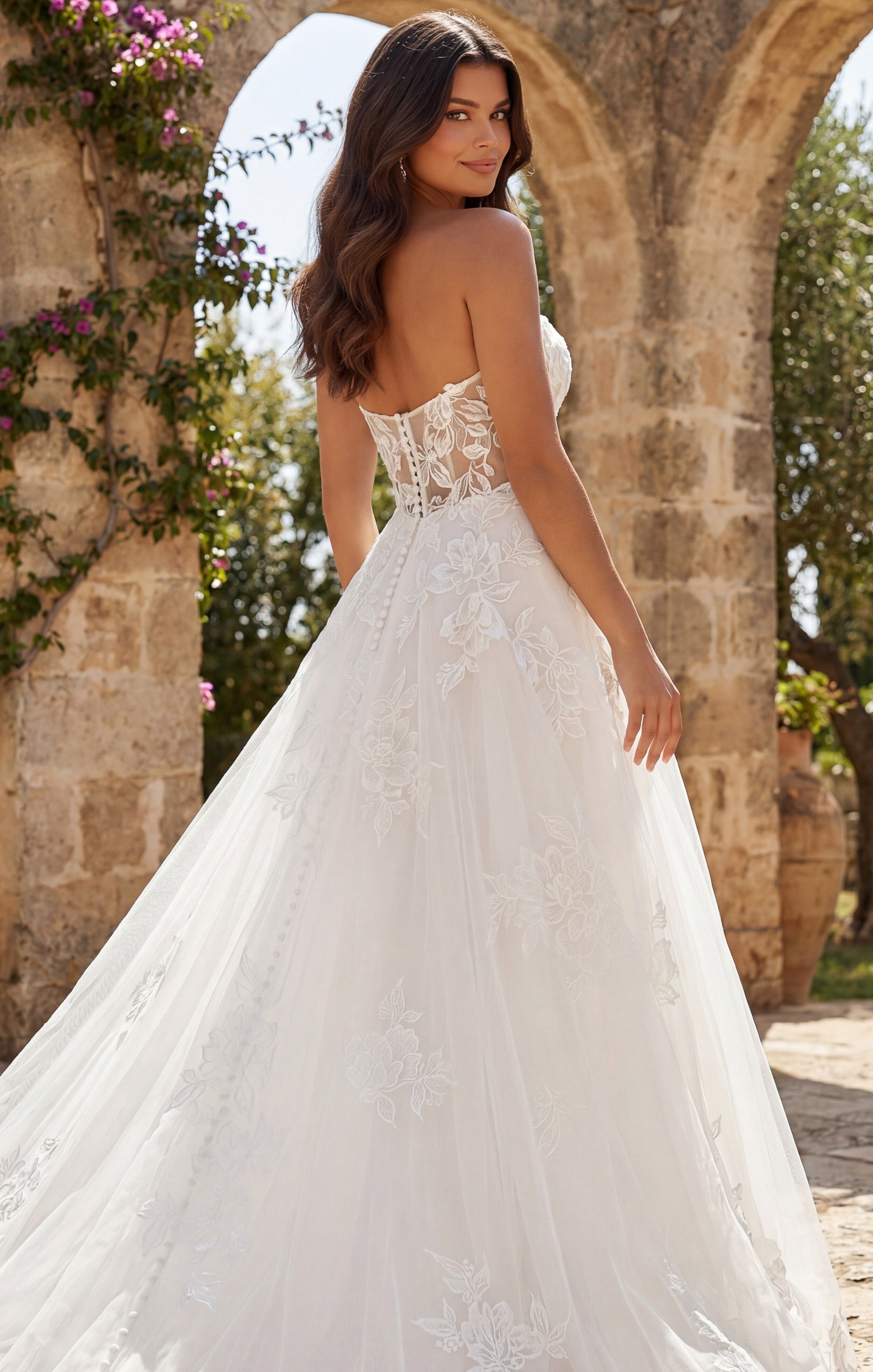 Ivory/Nude Deep V-Neck Floor-Length Tulle Bridal A-Line Gown with Floral Appliqué Jovani JB43191