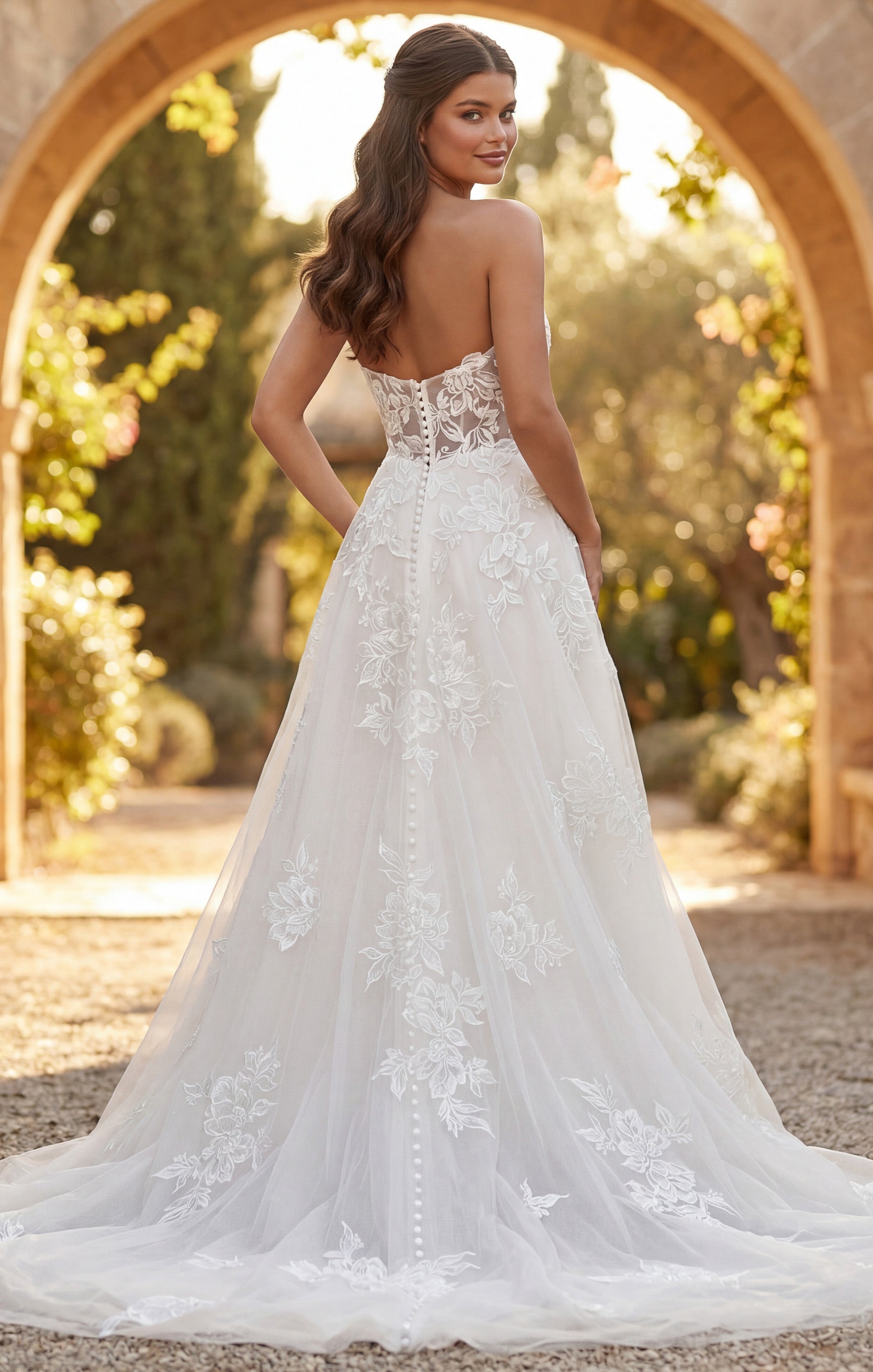 Ivory/Nude Deep V-Neck Floor-Length Tulle Bridal A-Line Gown with Floral Appliqué Jovani JB43191