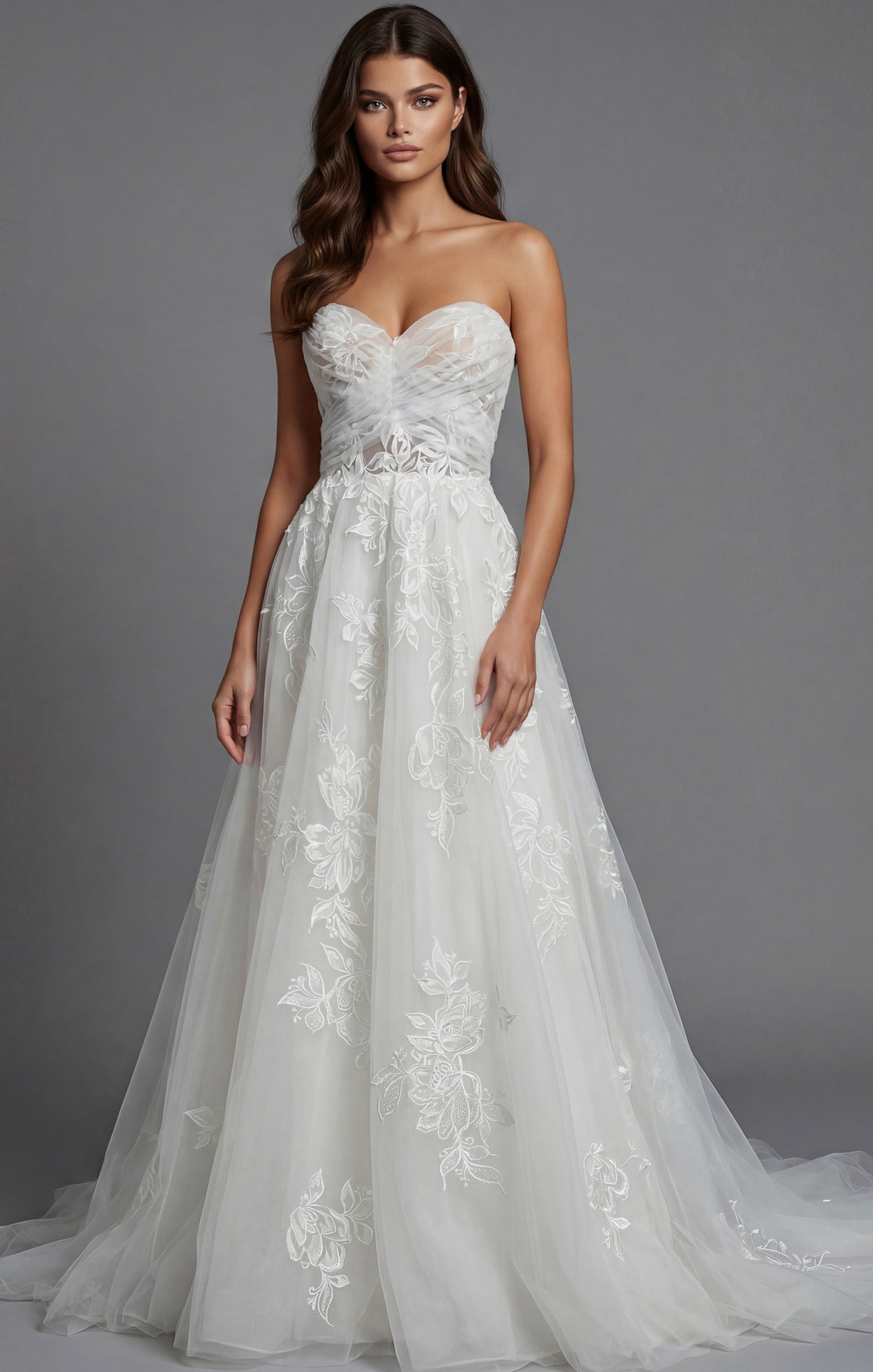 Ivory/Nude Deep V-Neck Floor-Length Tulle Bridal A-Line Gown with Floral Appliqué Jovani JB43191