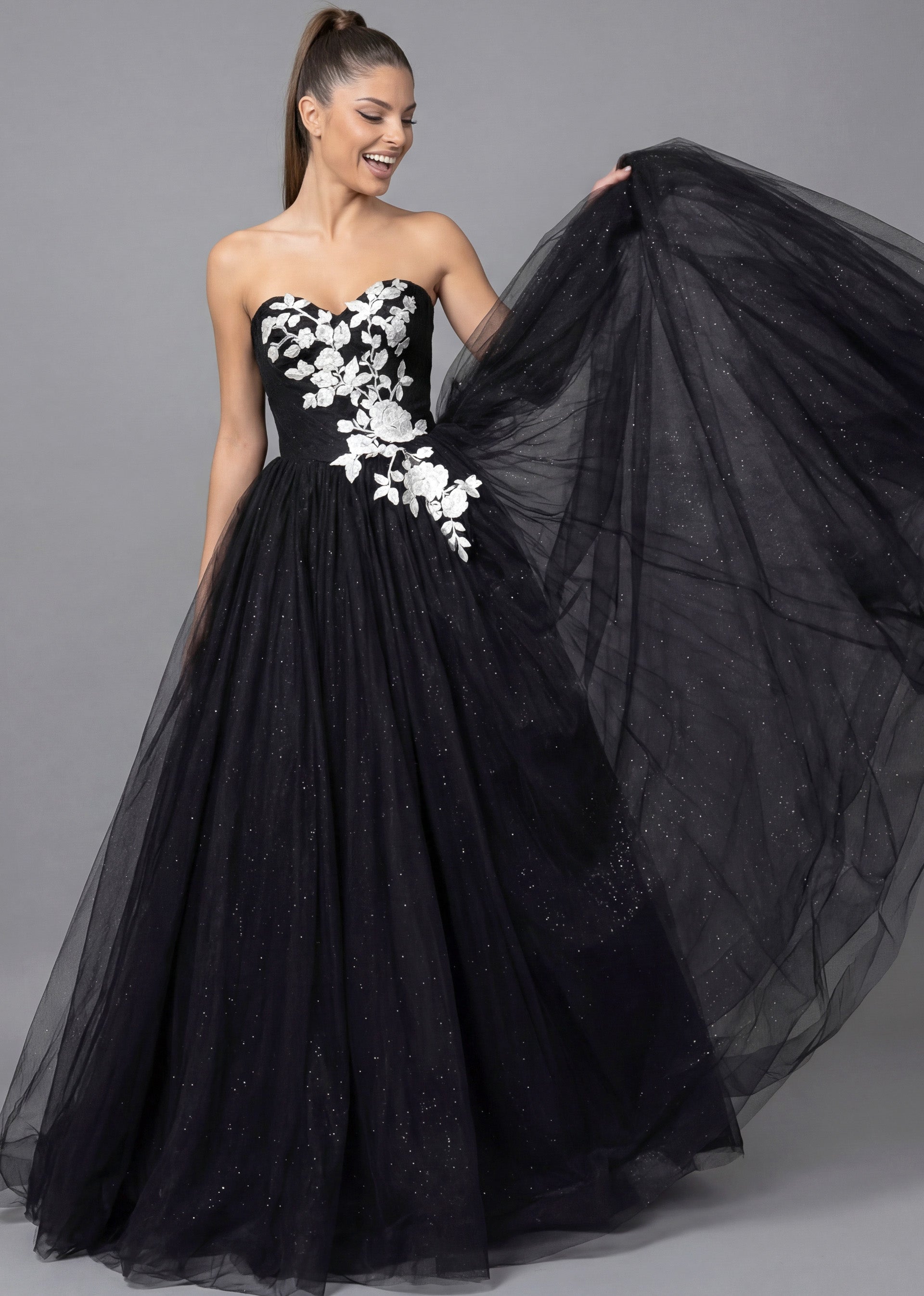 Black/Ivory Strapless Floor-Length Tulle Wedding Ball Gown with Floral Appliqué Jovani JB43233