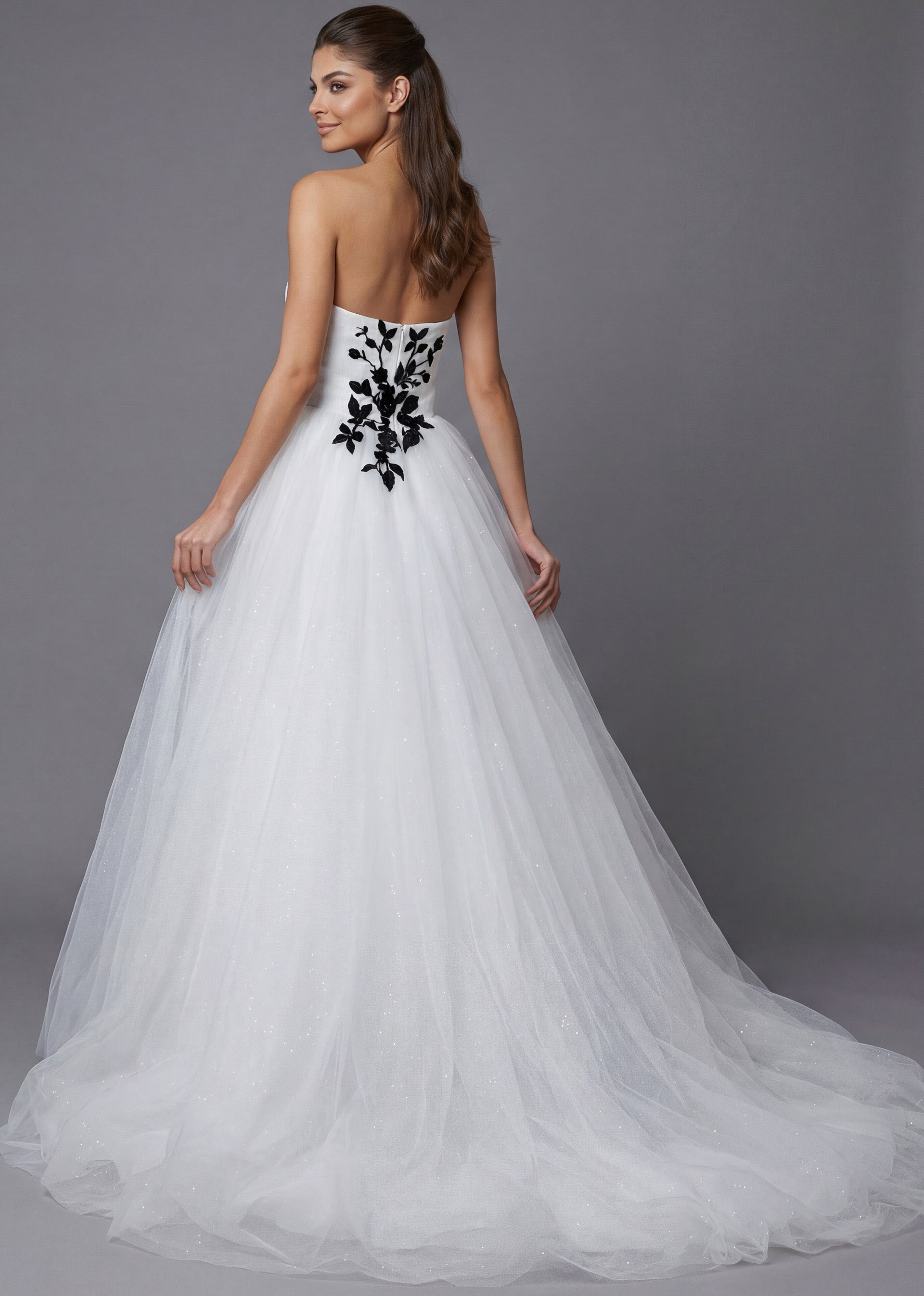 Ivory/Black Strapless Floor-Length Tulle Wedding Ball Gown with Floral Appliqué Jovani JB43233