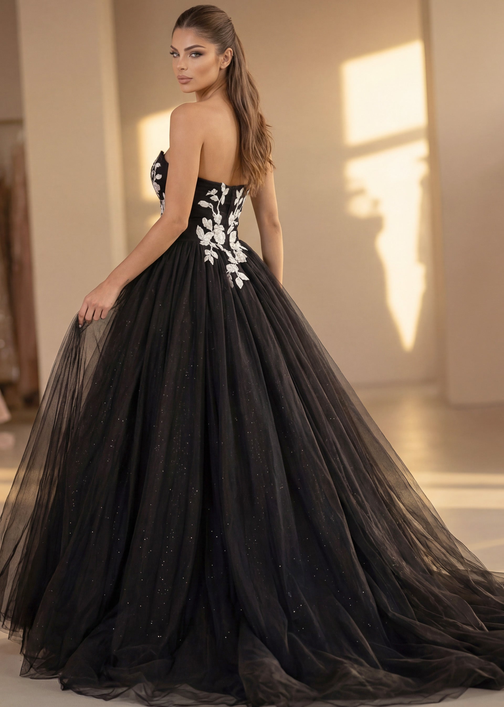 Black/Ivory Strapless Floor-Length Tulle Wedding Ball Gown with Floral Appliqué Jovani JB43233