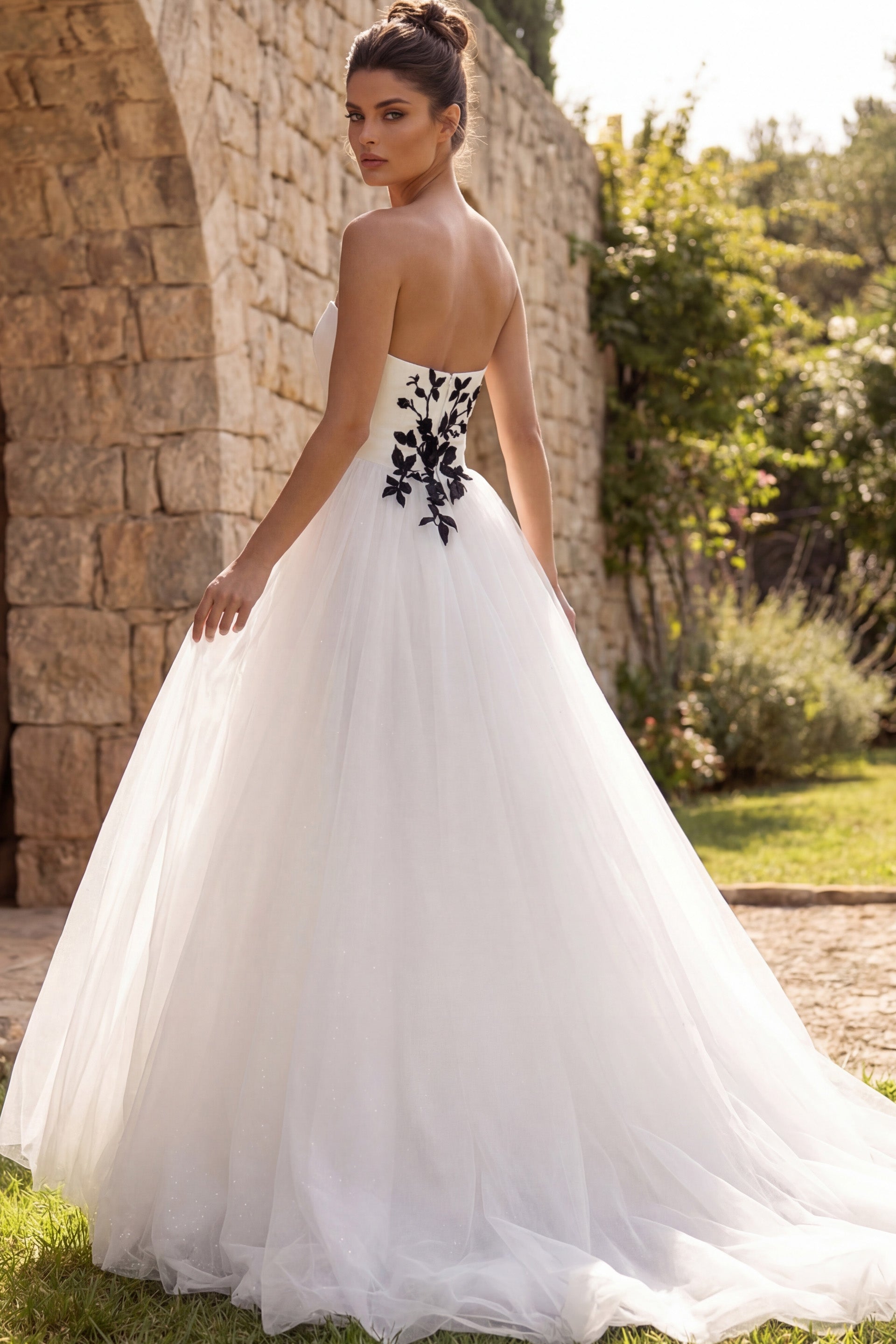 Ivory/Black Strapless Floor-Length Tulle Wedding Ball Gown with Floral Appliqué Jovani JB43233