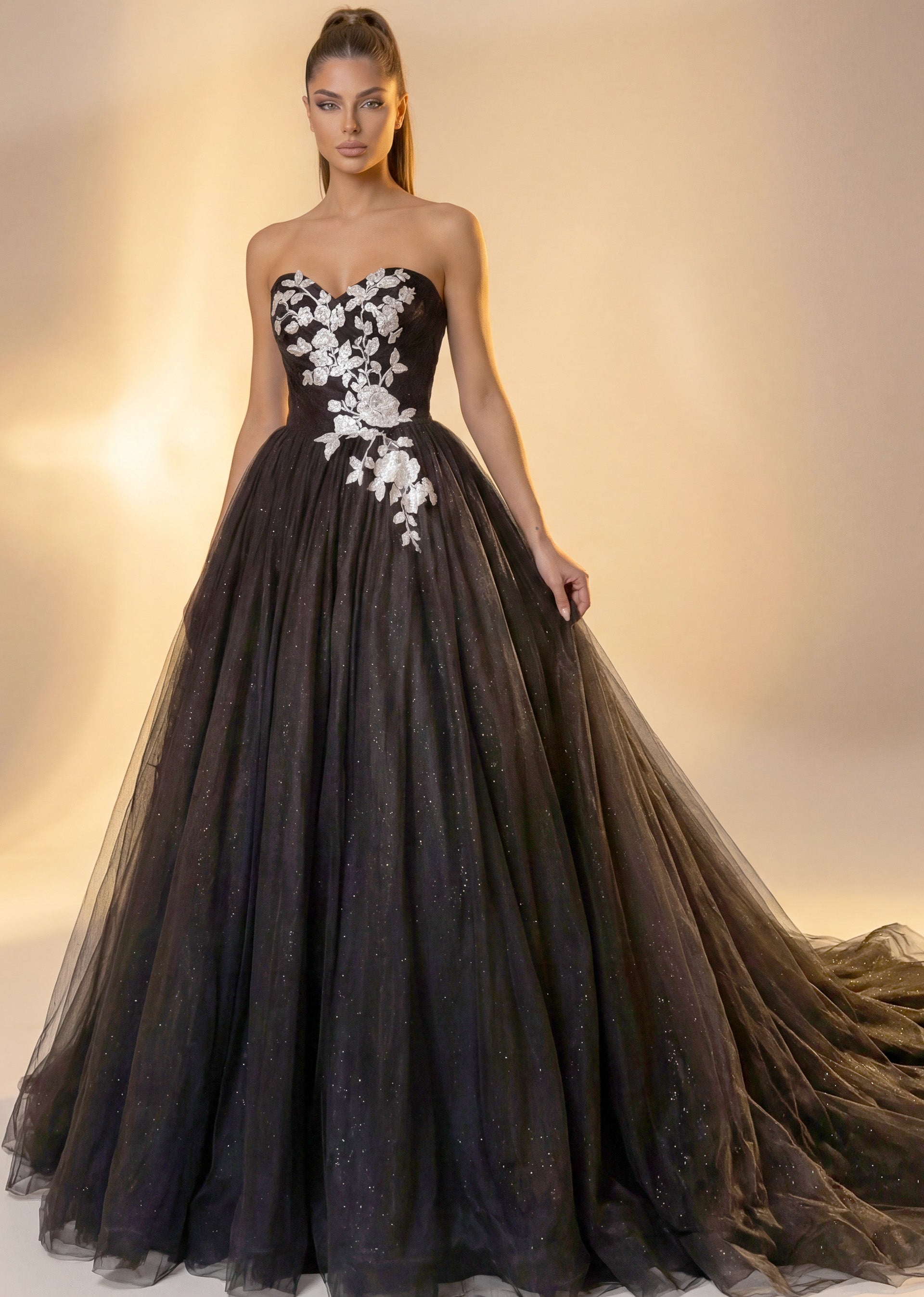 Black/Ivory Strapless Floor-Length Tulle Wedding Ball Gown with Floral Appliqué Jovani JB43233