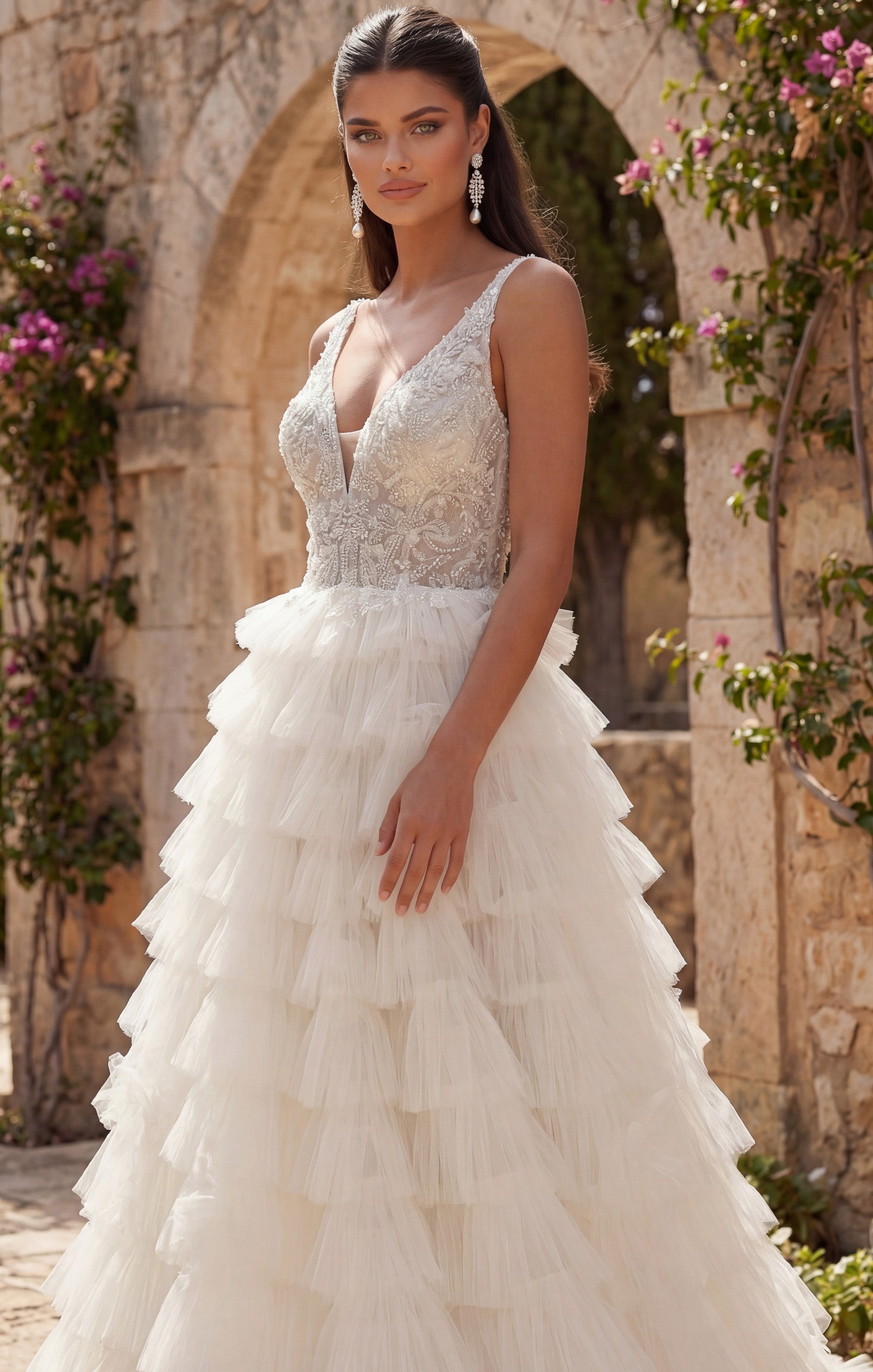 Ivory/Sand Deep V-Neck Floor-Length Tulle Bridal Ball Gown with Tiered Ruffle Skirt Jovani JB43318