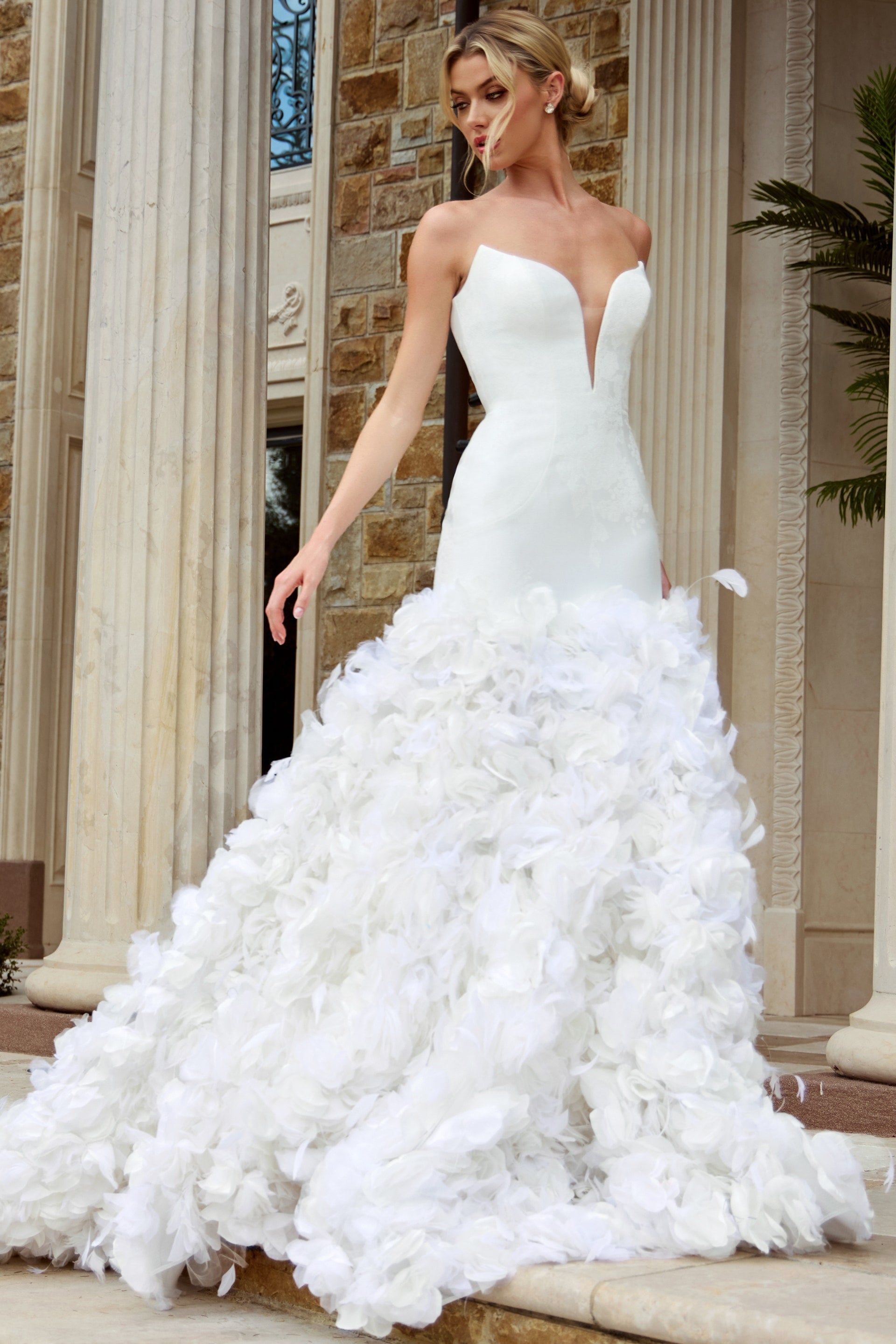 Deep V-Neck Floor-Length Crepe Wedding Mermaid Gown Jovani JB45121