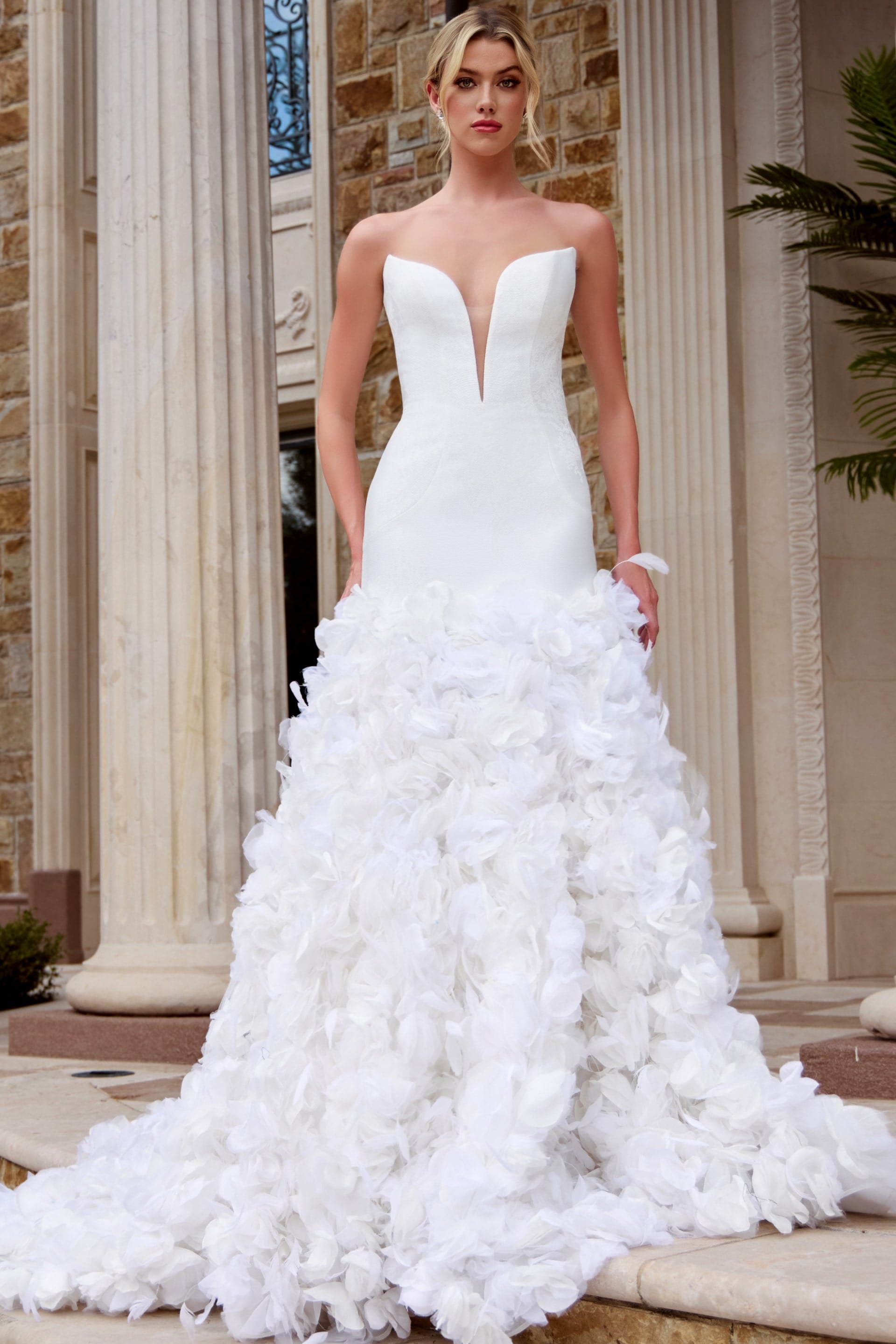 Deep V-Neck Floor-Length Crepe Wedding Mermaid Gown Jovani JB45121