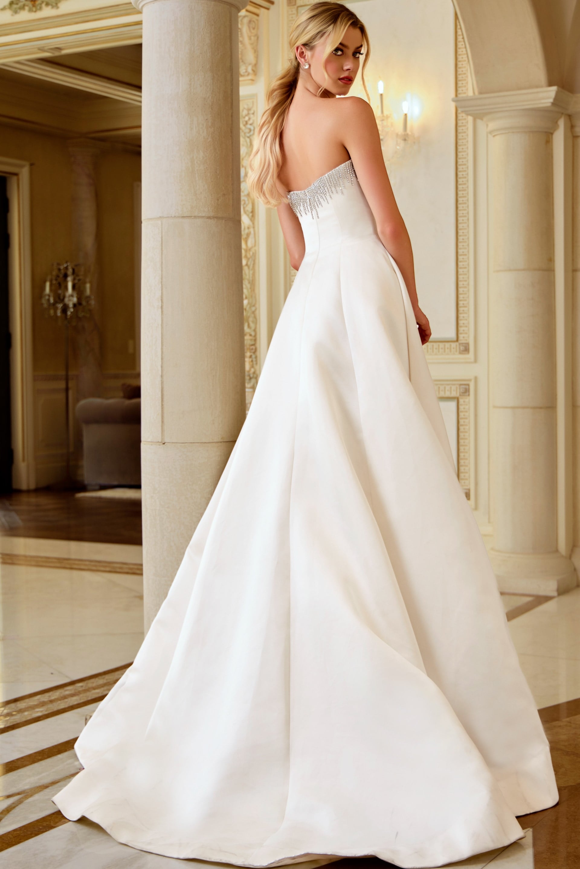 Strapless Floor-Length Mikado Bridal A-Line Gown Jovani JB45132