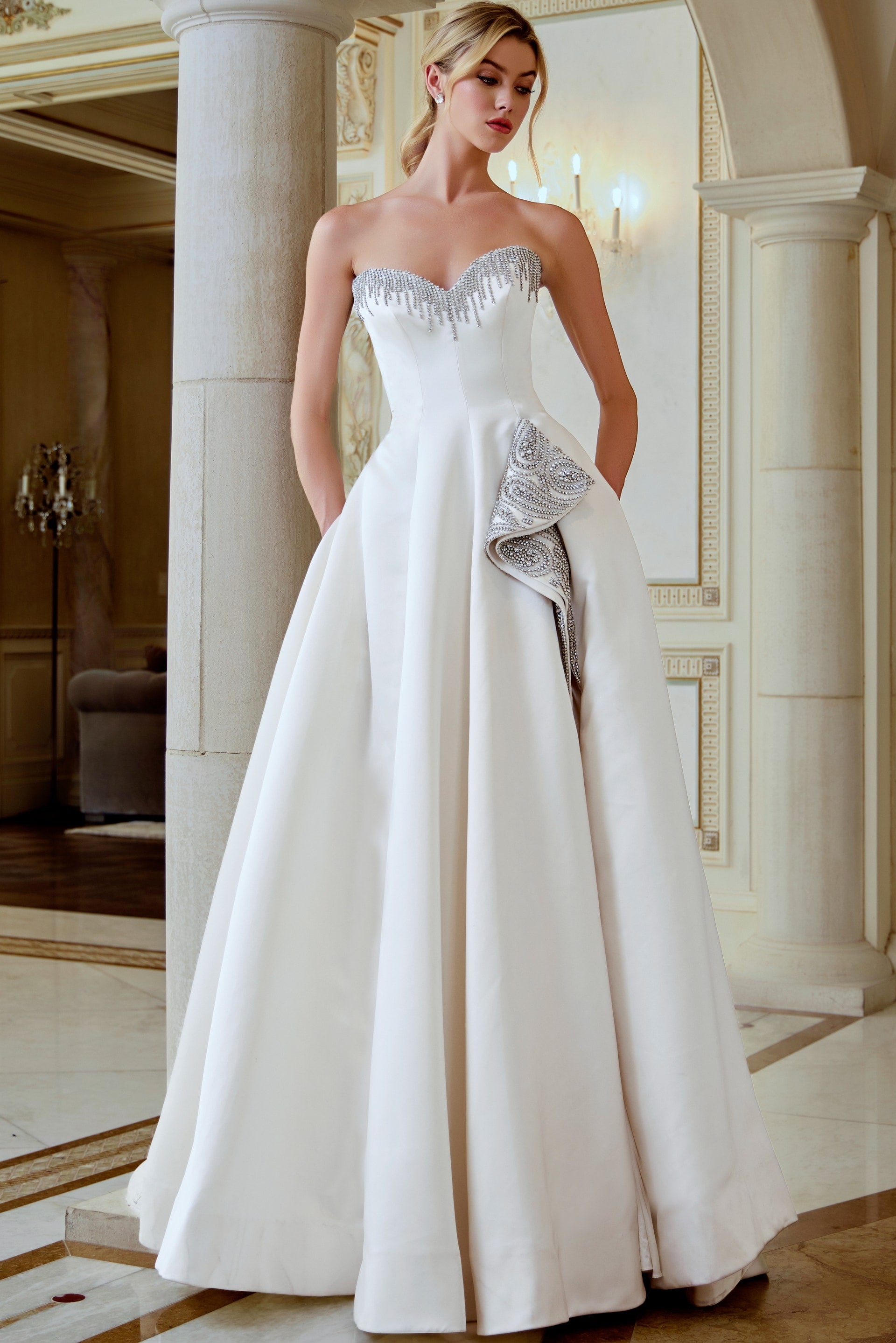 Strapless Floor-Length Mikado Bridal A-Line Gown Jovani JB45132