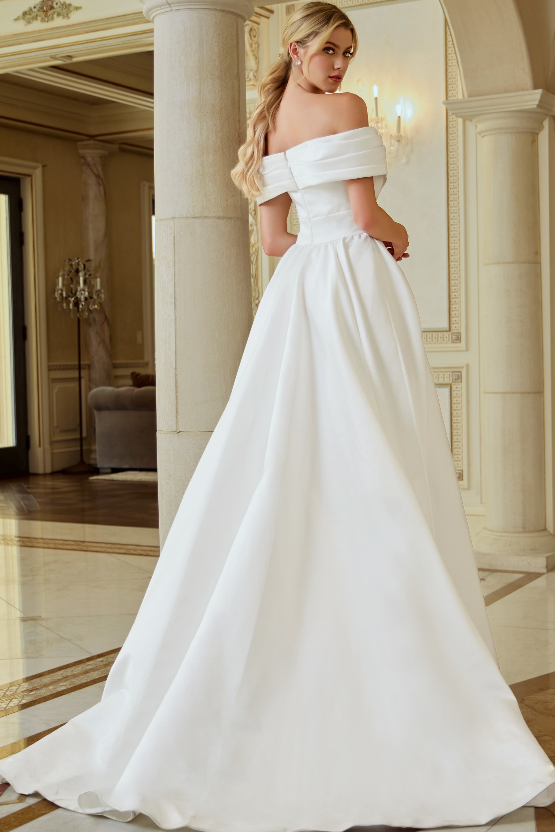 Off-the-Shoulder Floor-Length Satin Wedding Ball Gown Jovani JB45169