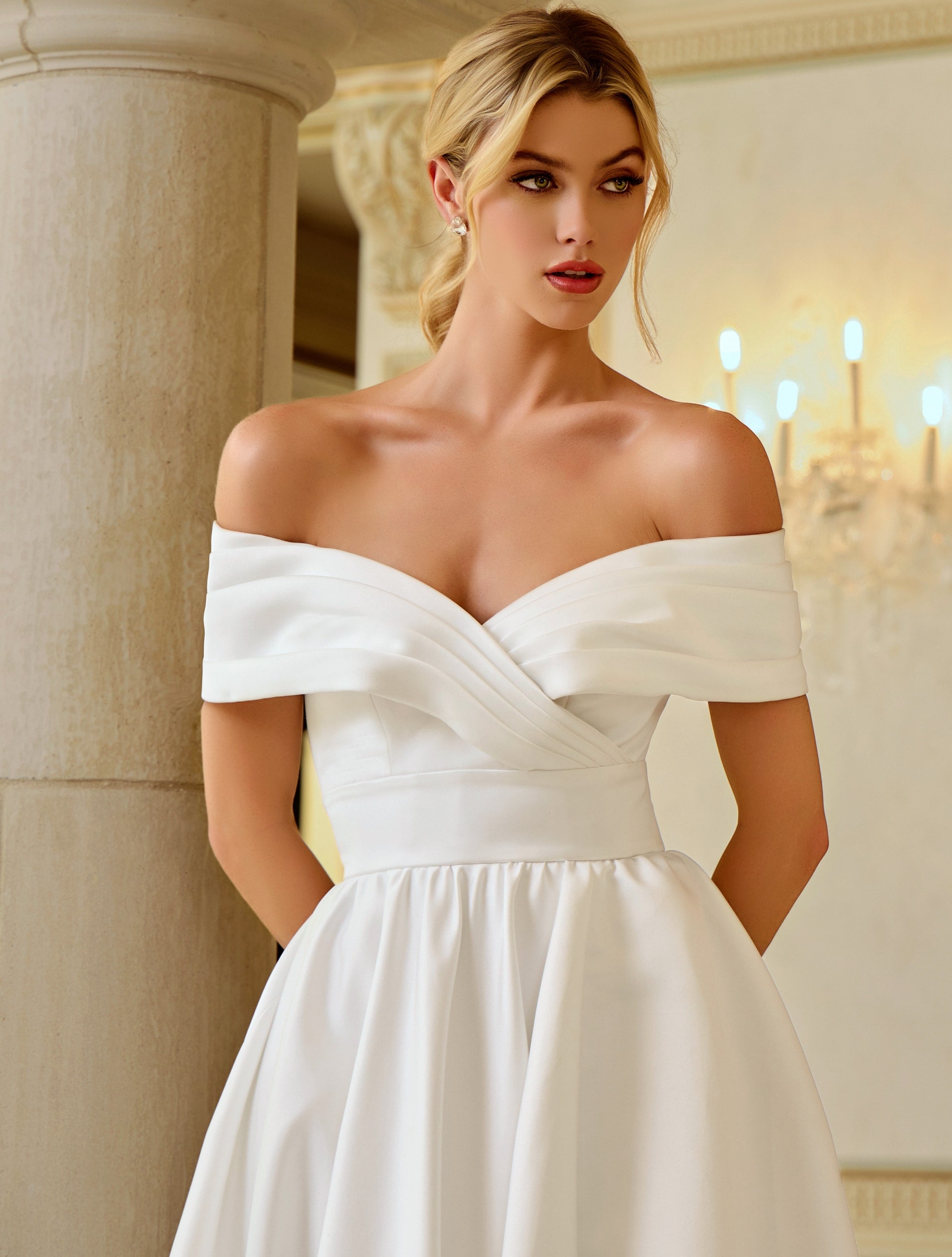 Off-the-Shoulder Floor-Length Satin Wedding Ball Gown Jovani JB45169