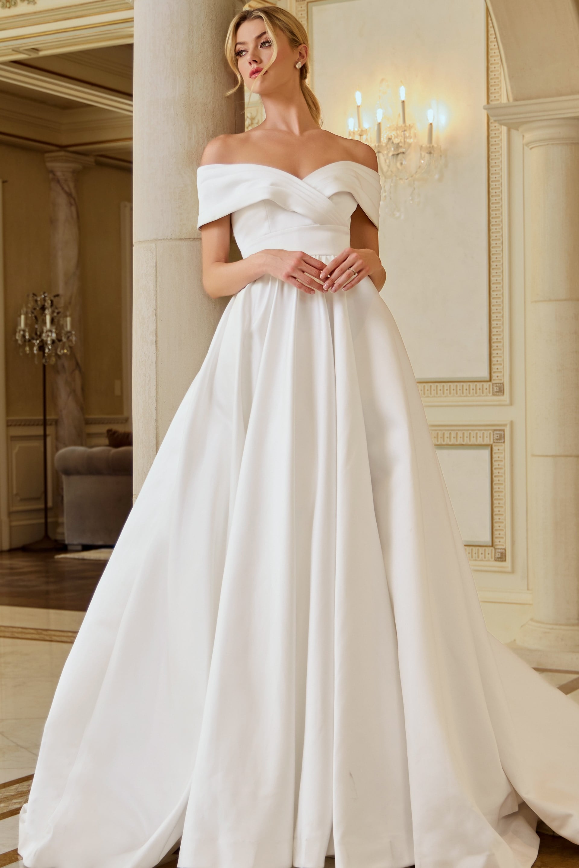 Off-the-Shoulder Floor-Length Satin Wedding Ball Gown Jovani JB45169