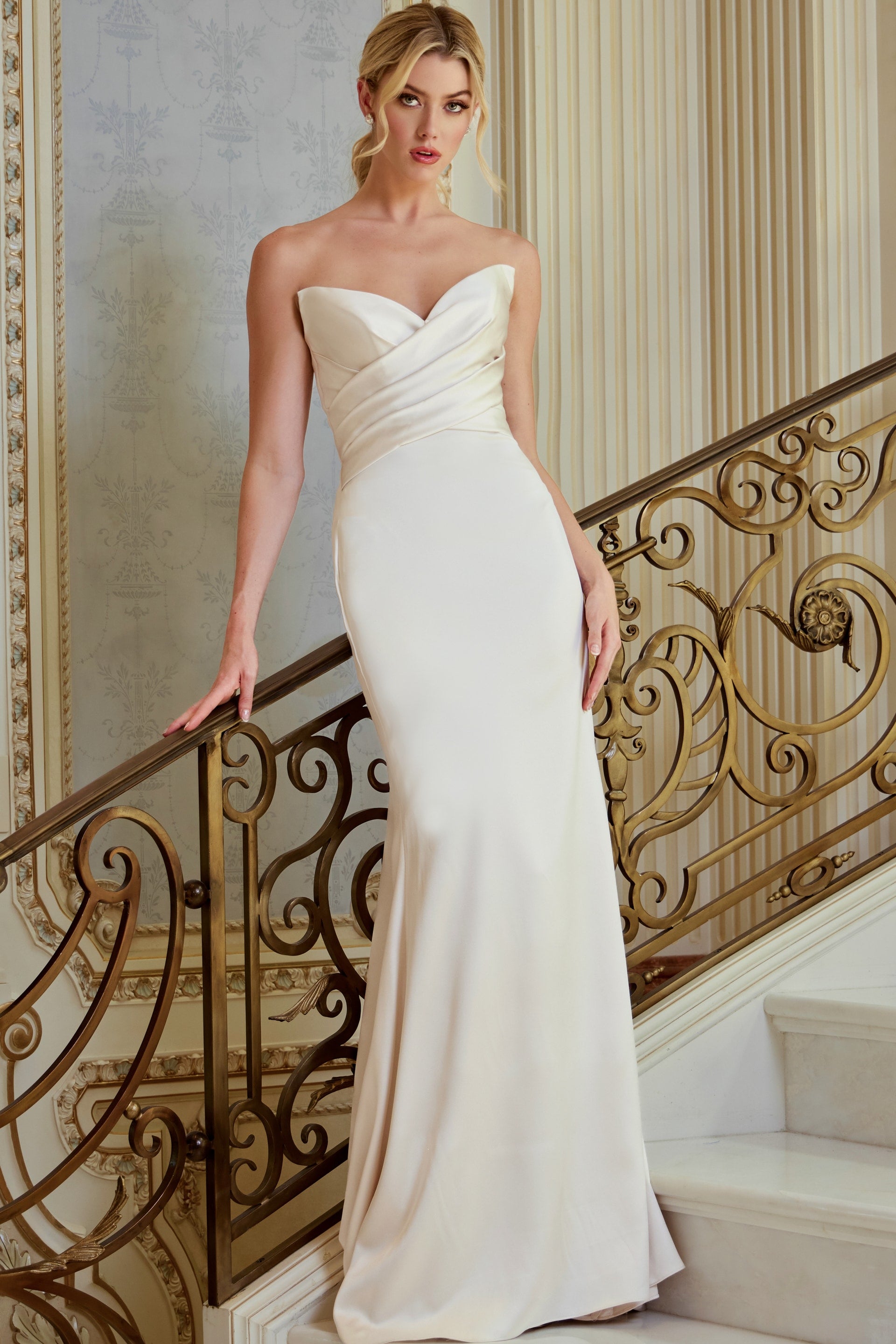 Strapless Curved Neck Floor-Length Satin Bridal Mermaid Gown Jovani JB45837