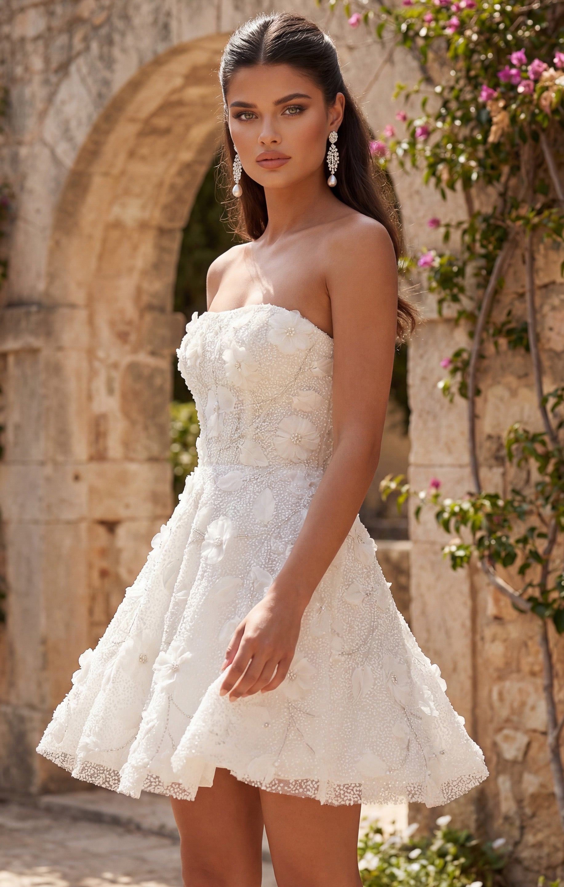 Off White Sweetheart Above-Knee Floral Lace Bridal A-Line Dress with 3D Appliqués Jovani JB49687