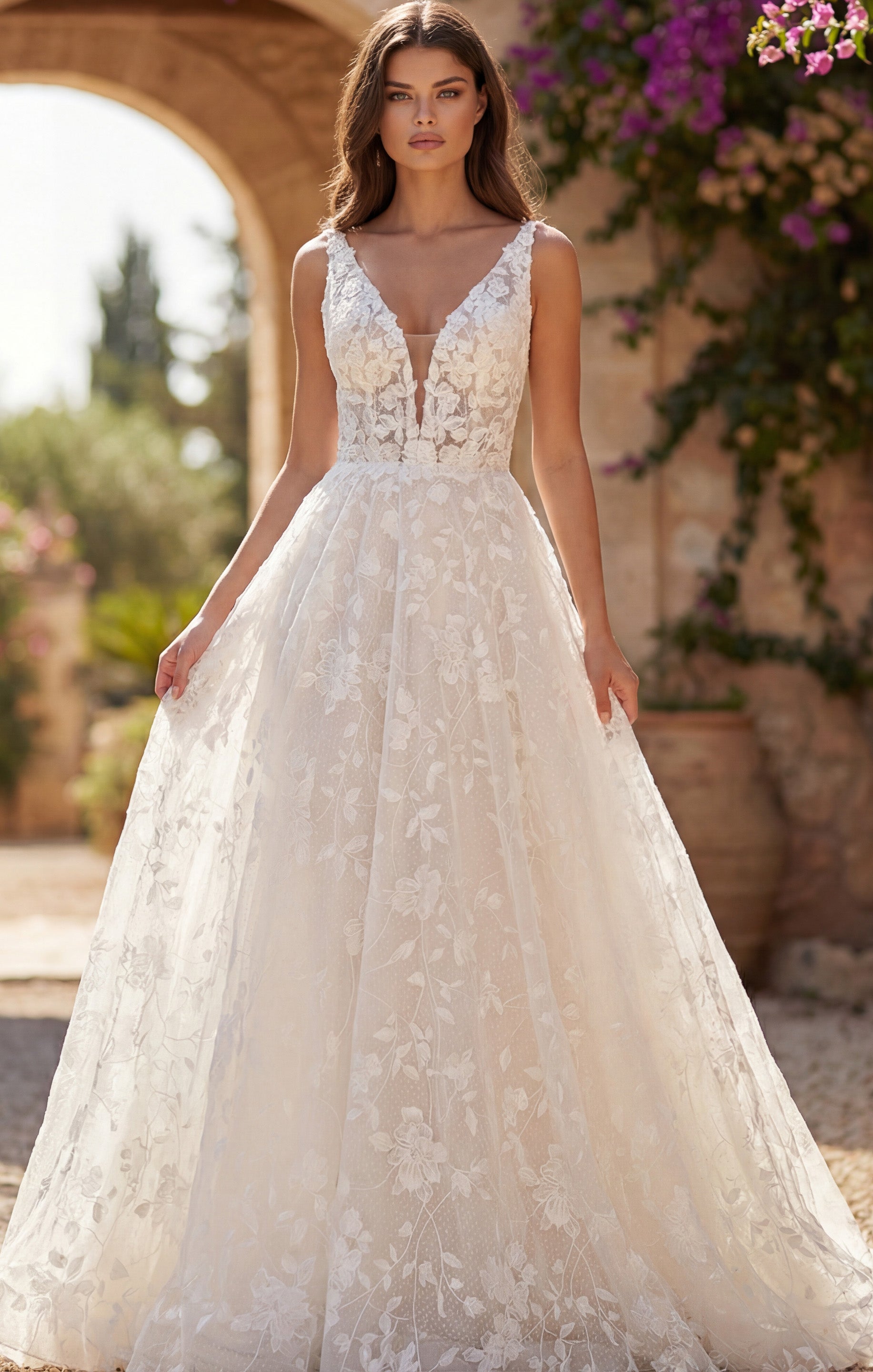 Ivory/Nude High Neck Floor-Length Lace Wedding Gown with Sheer Illusion Bodice Jovani JB49748
