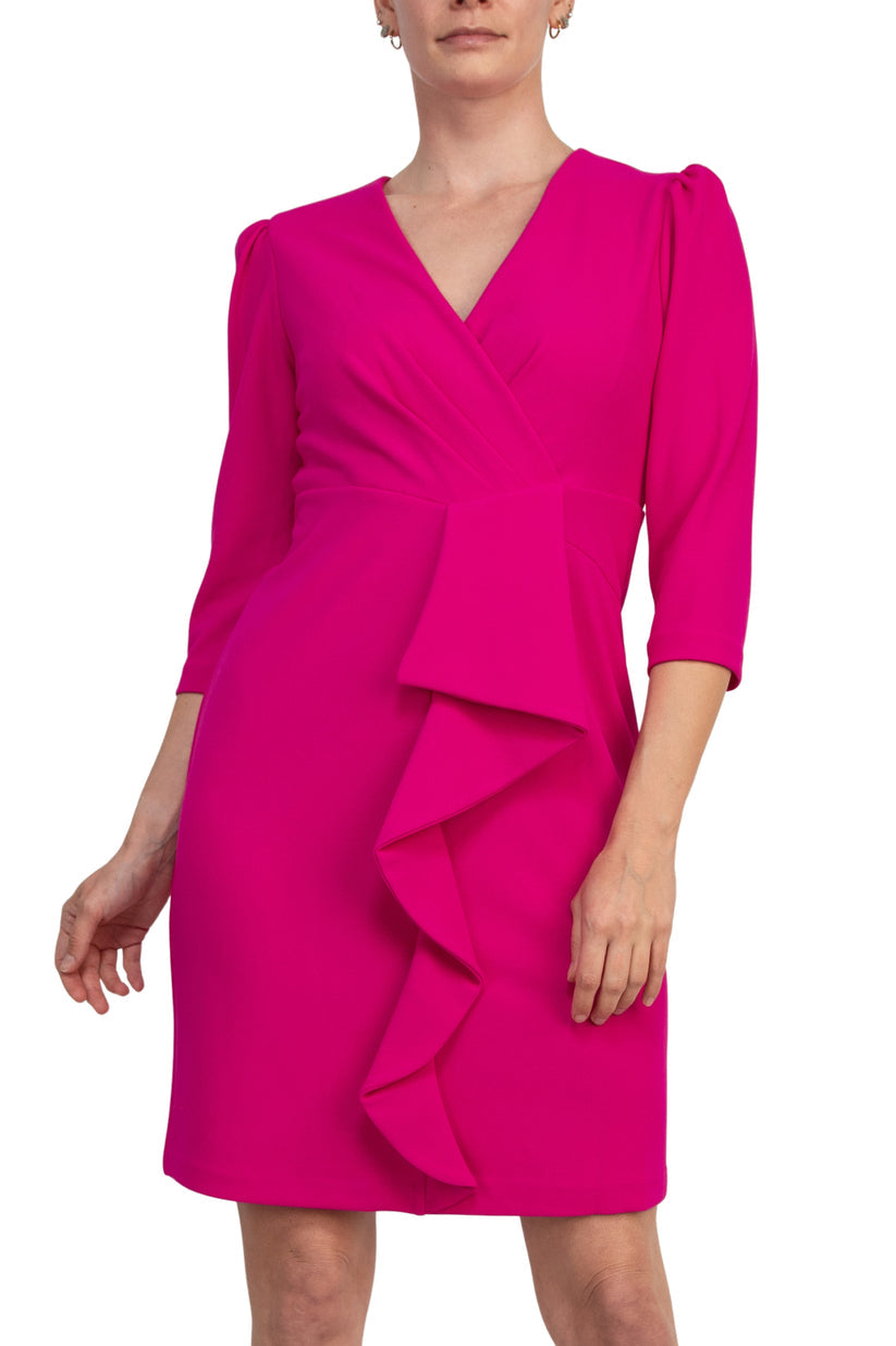 Julia Jordan 3/4 Sleeve V-Neck Cascade Ruffle Scuba Sheath Dress JJ38491