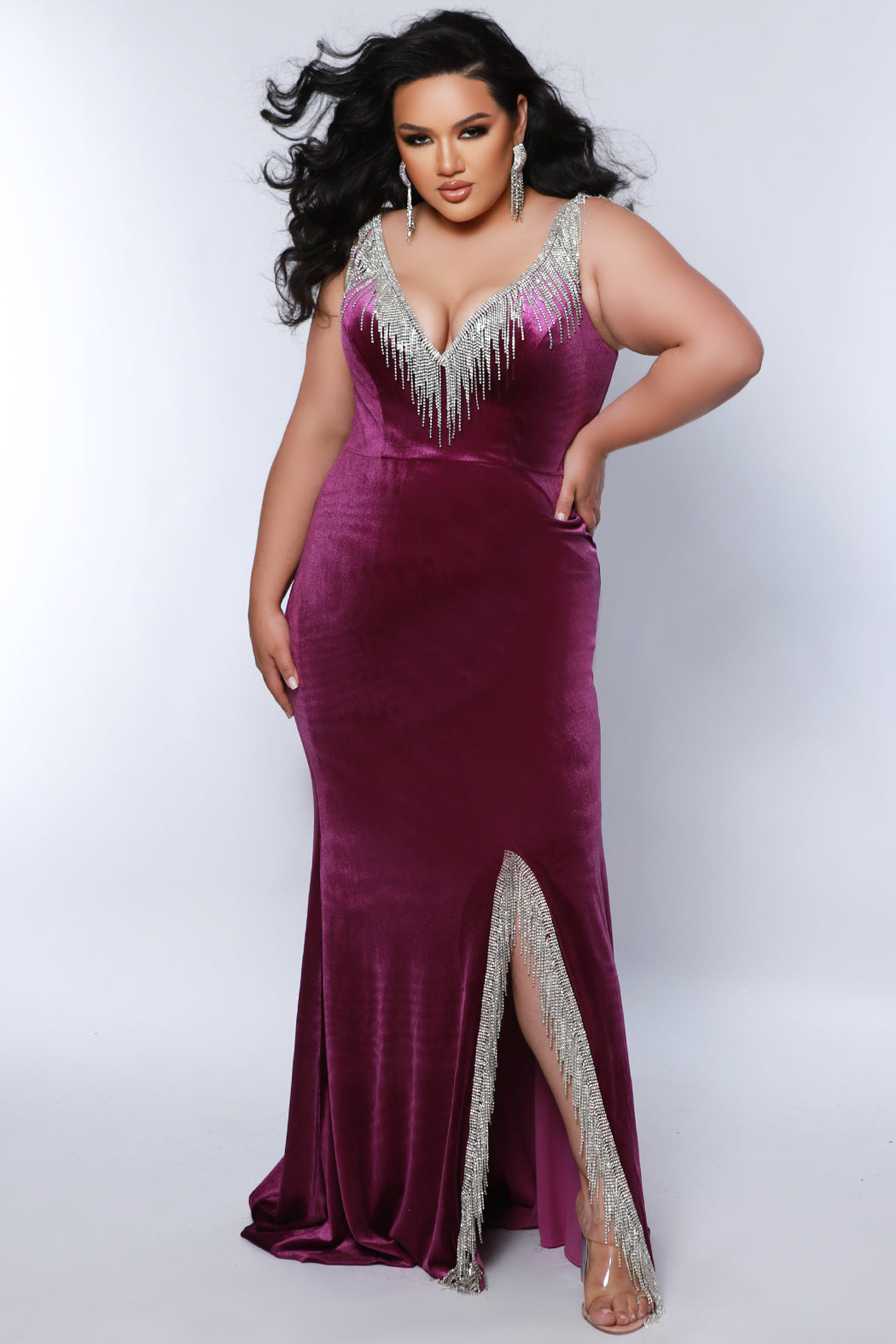 Sydneys Closet JK2412 Long Fitted Beaded Slit Formal Velvet Plus Size Evening Dress