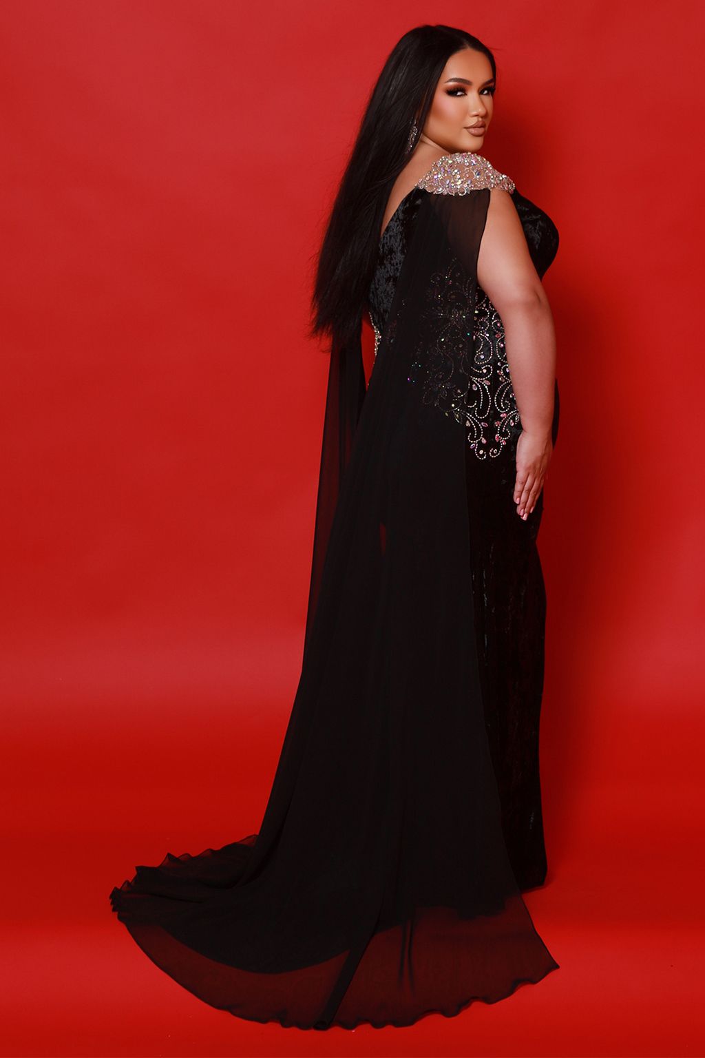 Sydneys Closet JK2515 Evening Gown Long Formal Beaded Slit Velvet Plus Size Prom Dress