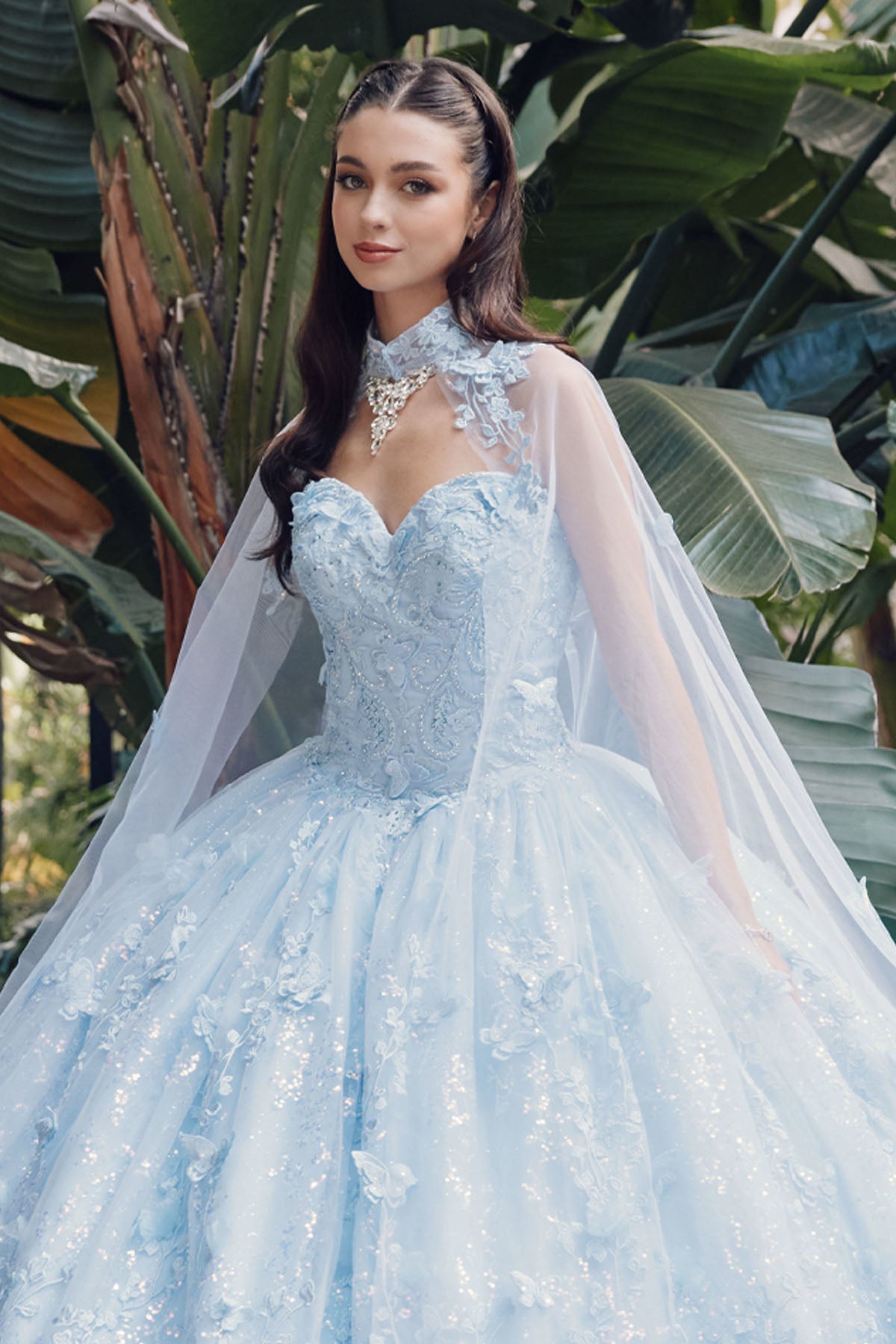 Quinceniera Dresses 3D Butterfly Quinceanera Cape Ball Gown Bahama Blue