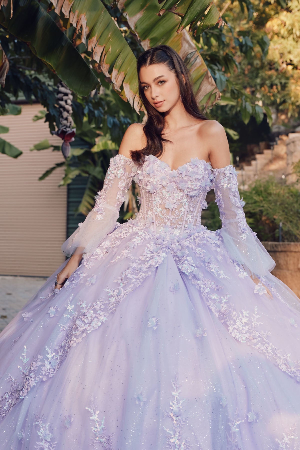 Quinceniera Dresses 3D Floral Corset With Matching Lace Gloves Quinceanera Ball Gown Lilac